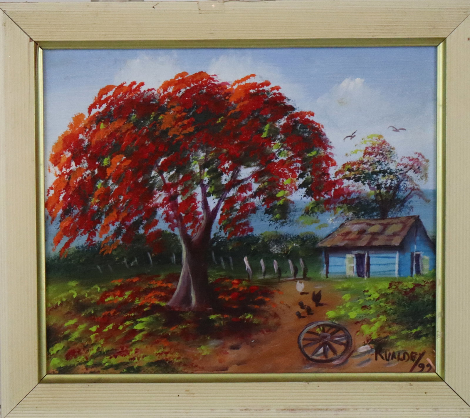 Coastal Autumn Landscape Acrylic on Canvas: Acrylic on canvas, coastal autumn landscape with chickens and farmhouse, signed (illegibly) and dated lower right "Rualdey / R Valdey" (?), 1999. [Canvas: 10.25" H x 12" W; Frame: 12.5" H x 14.5" W]. 
