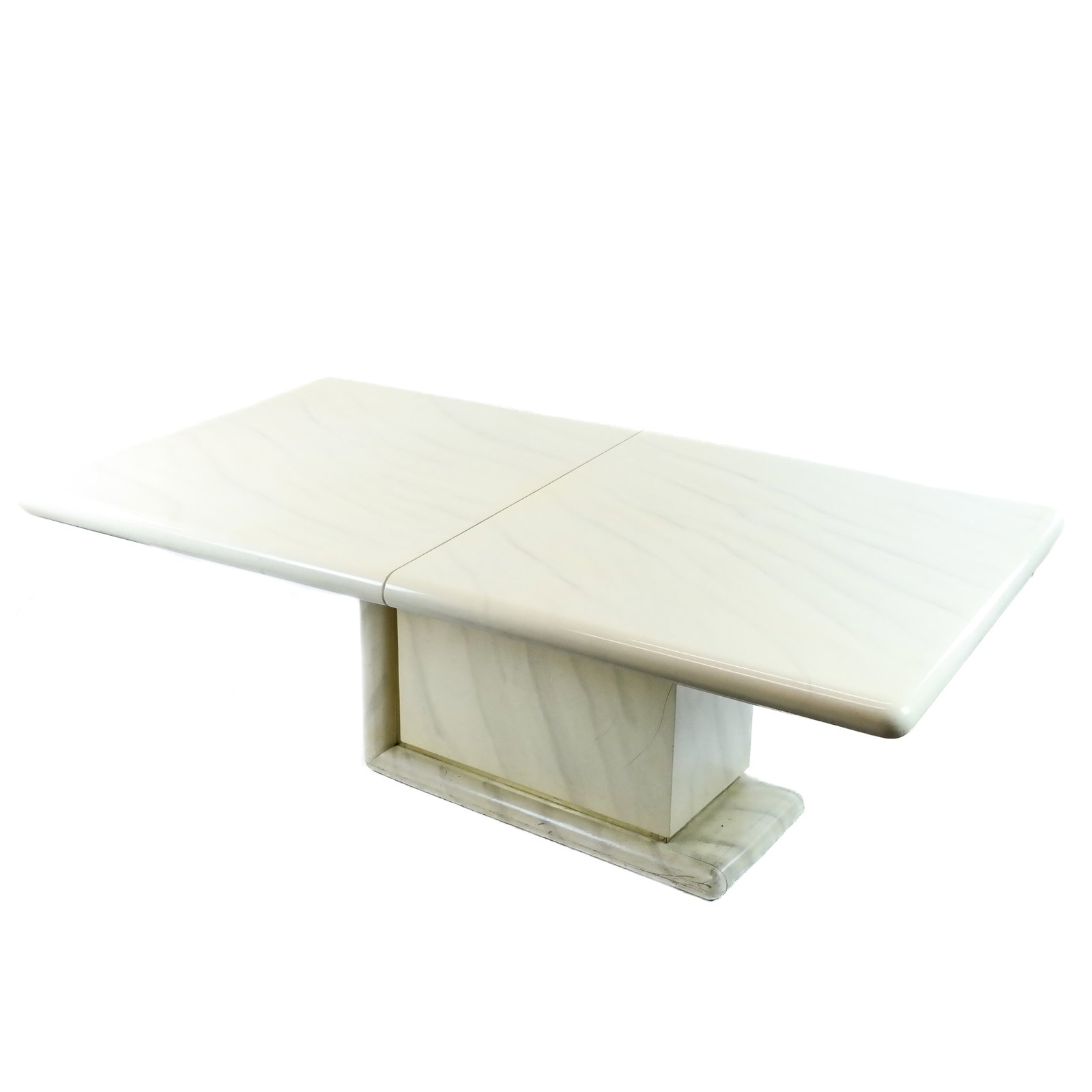 Modern Faux Design Pedestal Dining Table: Modern creme faux design James Mont-style dining table, with two leaves. [30 1/2" H x 84" W x 45" - 27 1/2" D to apron; Leaves: 12" L]. Top in good condition, base with wear. Located at GARAGE