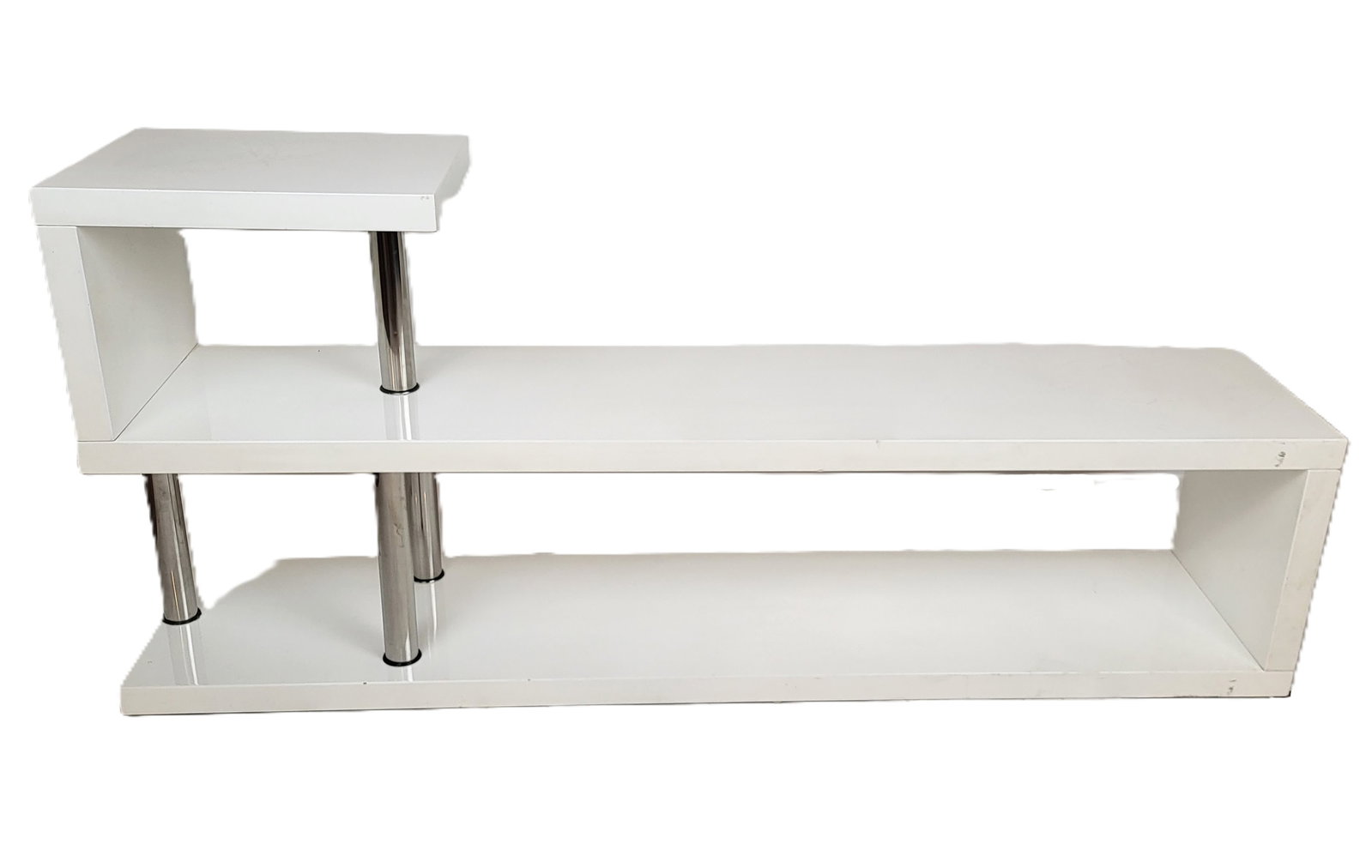 Modern White Laminate Console: Modern white laminate console, 21st century, or shelf with metal details. [31" H x 71" W x 16" D]. Condition is good with some surface wear, and an area of minor discoloration to upper.