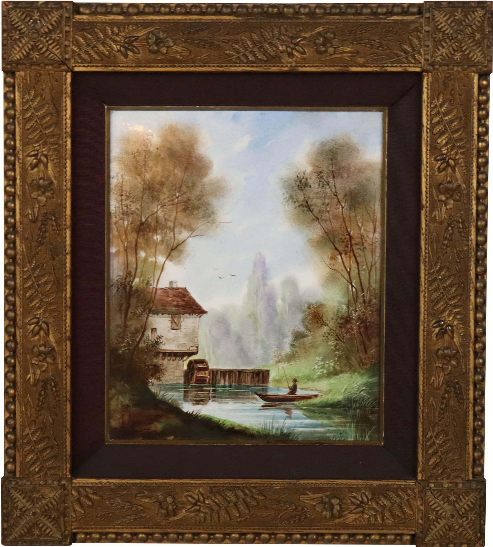 G. ASSELINEAU River Landscape Porcelain Plaque: Gustave Asselineau (French, 1820-1878) porcelain plaque depicting a river mill landscape with figure fishing, signed lower left "G. Asselineau". [Sight: 11.5" H x 6.5" W; Frame: 19" H x 17" W]. Overal
