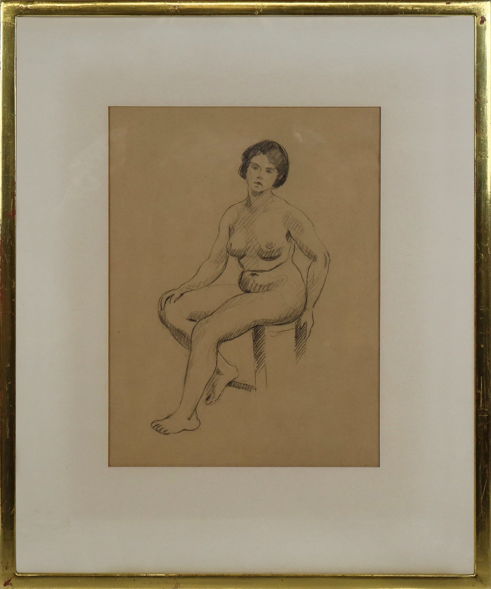 After Andre DERAIN Graphite Seated Nude Study: After Andre Derain (French, 1880-1954) graphite pencil on paper, study of a nude seated female figure. [11 1/2 x 8 1/4 inches (sheet); 18 3/4 x 15 1/4 inches (frame)]. Overall good condition, sheet wi
