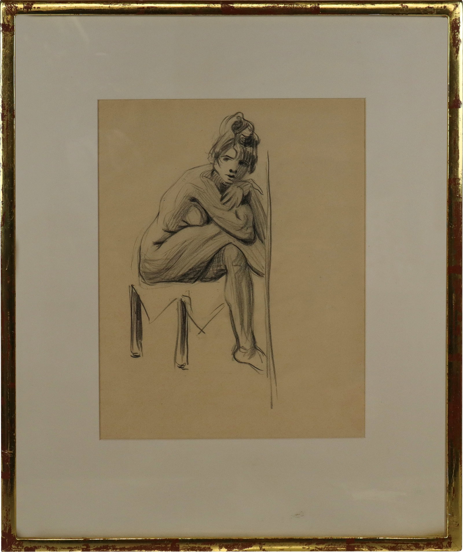 After Andre DERAIN Graphite Seated Nude Study: After Andre Derain (French, 1880-1954) graphite pencil on paper, study of a nude seated female figure crouching to rest atop a knee. [11 3/4 x 9 inches (sheet); 19 x 16 inches (frame)]. Overall good c