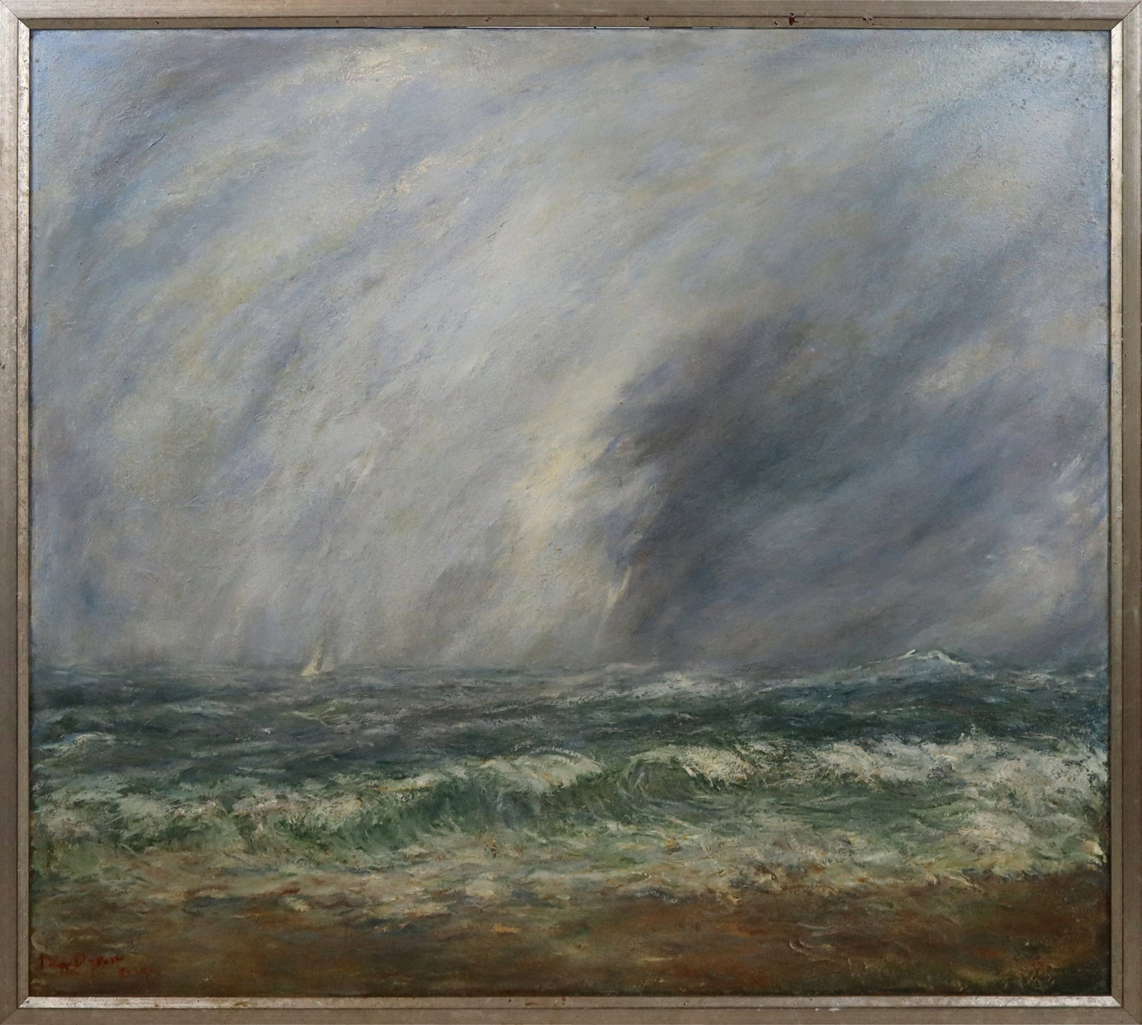 Jillian DYSON "Eye of the Storm" Oil on Canvas: Jillian Dyson (New Zealander, b. 20th century) "Eye of the Storm," oil on canvas, signed Jillian Dyson to lower with illegible date, and labeled to reverse "Golden Sands, Nantucket" and accompanied by