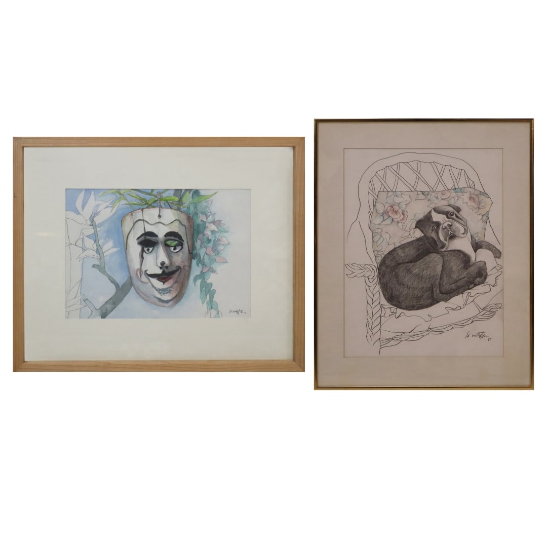 Ed WITTSTEIN 2 Works on Paper: Ed Wittstein (American, 1929-2011) two works on paper, including a watercolor of a theatrical mask surrounded by foliage, together with a pencil drawing of a dog, each pencil signed lower right, drawi