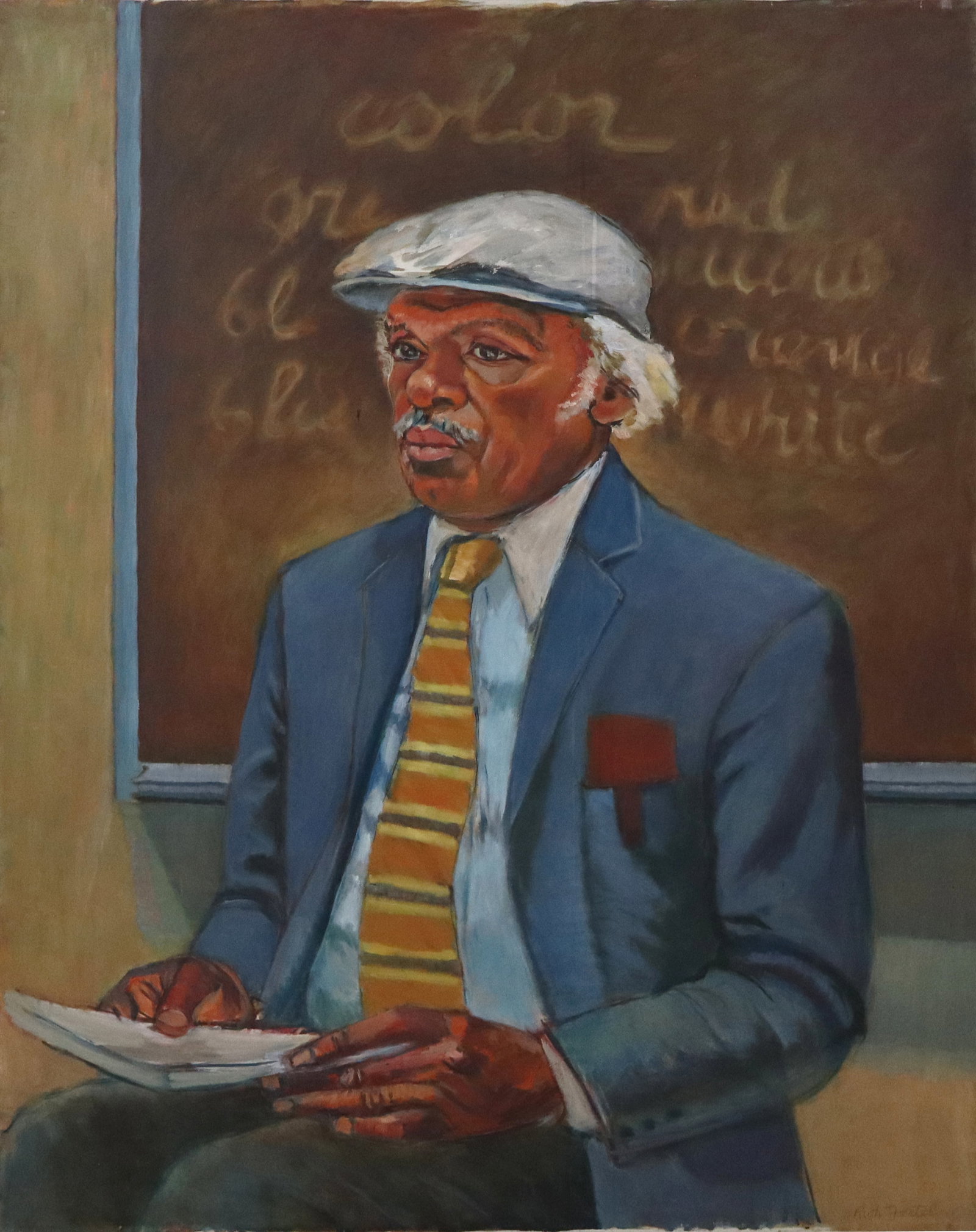 Ruth FORTEL Oil Portrait of Haywood "Bill" Rivers: Ruth Becker Fortel (American, 1923-2001) oil on canvas "Portrait of Haywood (Bill) Rivers" 1983, signed lower right and inscribed to verso, unframed. [Canvas: 48" H x 38" W]. Overall condition is good