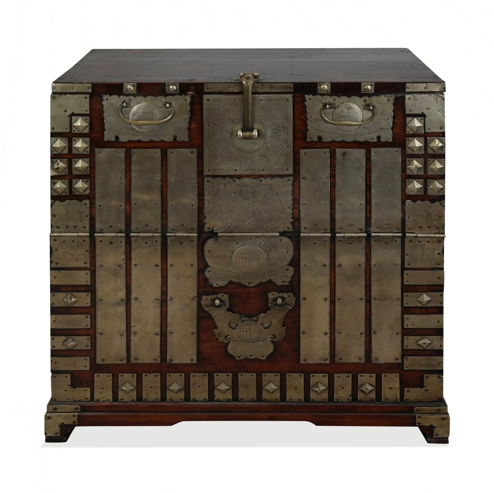 Korean Metal Bound Blanket Chest: Korean metal bound blanket chest, late 19th century, all-over incised metal mounted, with side handles and drop front, in dark stained oak, also with studding mounts. [36" H x 32" W x 16" D]. Sturdy c