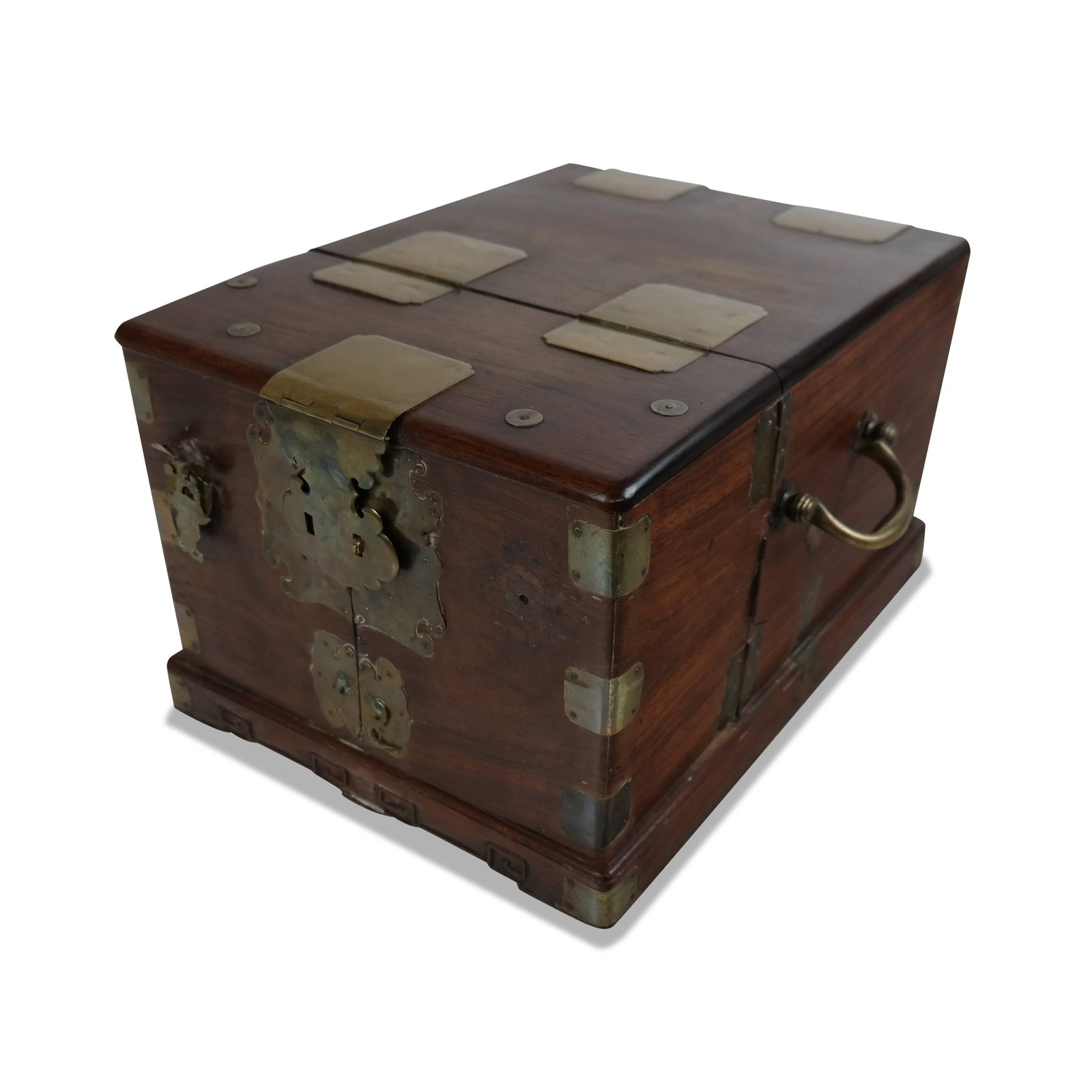 Chinese Brass Mounted Vanity Case: Chinese brass mounted vanity case, 19th/20th century, opening to reveal a mirror and compartments to interior with hand carved wood details. [Closed: 9" H x 15.5" W x 11" D]. Condition is good to fair