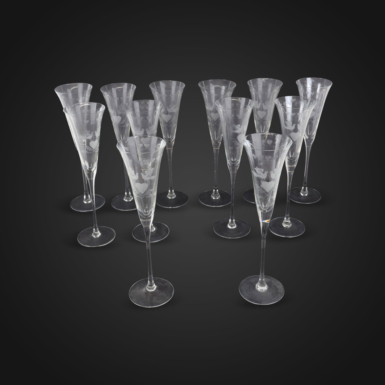 Etched Crystal Champagne Flutes with Lovebirds, 12 (1 of 10)