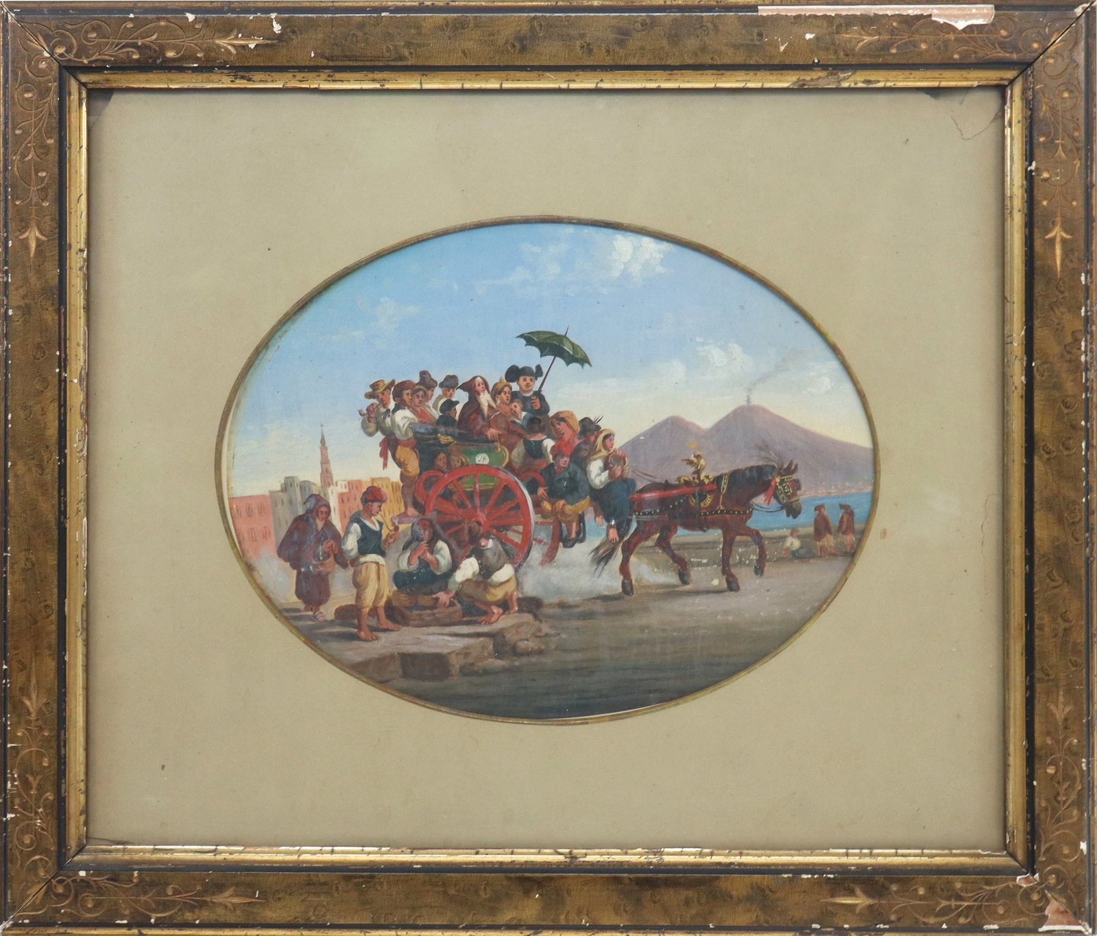 Gouache on Paper Figural Genre Scene: Gouache on paper figural genre scene, 19th/early 20th century, in a frame. [Framed: 15.25" H x 18" W]. Condition to work is good with some minor wear, frame with wear. LOCATED AT 150