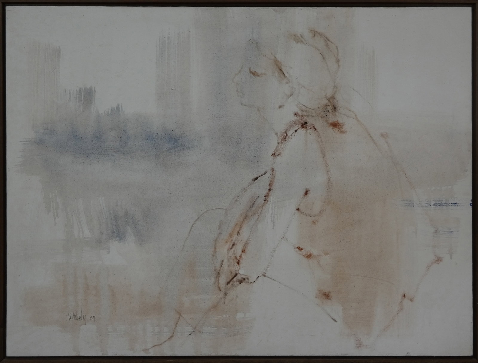 Gino HOLLANDER Abstract Figural Oil on Canvas: Gino Hollander (American, 1924-2015) abstract figural oil on canvas, 1987, signed Gino Hollander with date to lower left, in a frame. [38" H x 49.5" W]. Condition is good with some separation at frame