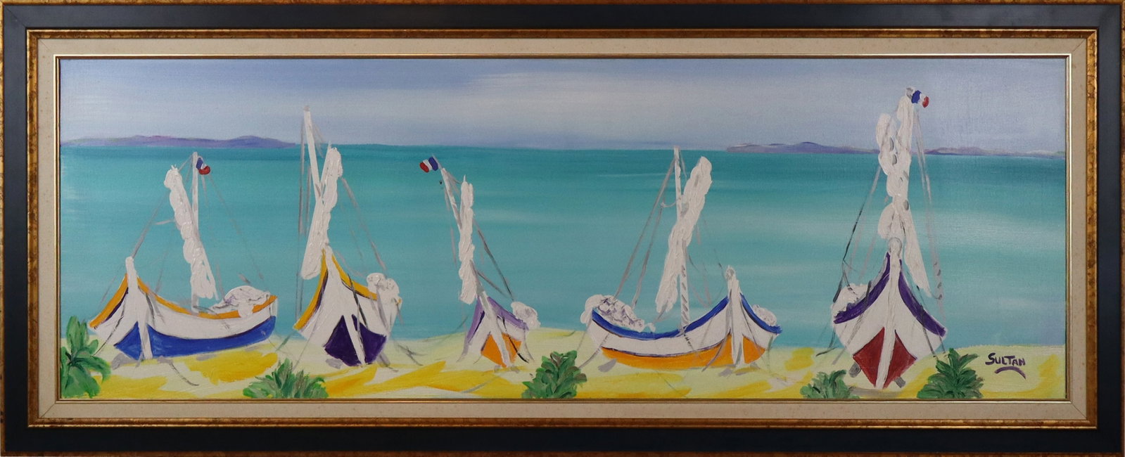 Sultan Oil on Canvas Seascape with Sailboats: Sultan signed oil on canvas still life with sailboats, signed Sultan to lower, in a frame. [Framed: 26.5" H x 66" W]. Condition is good.