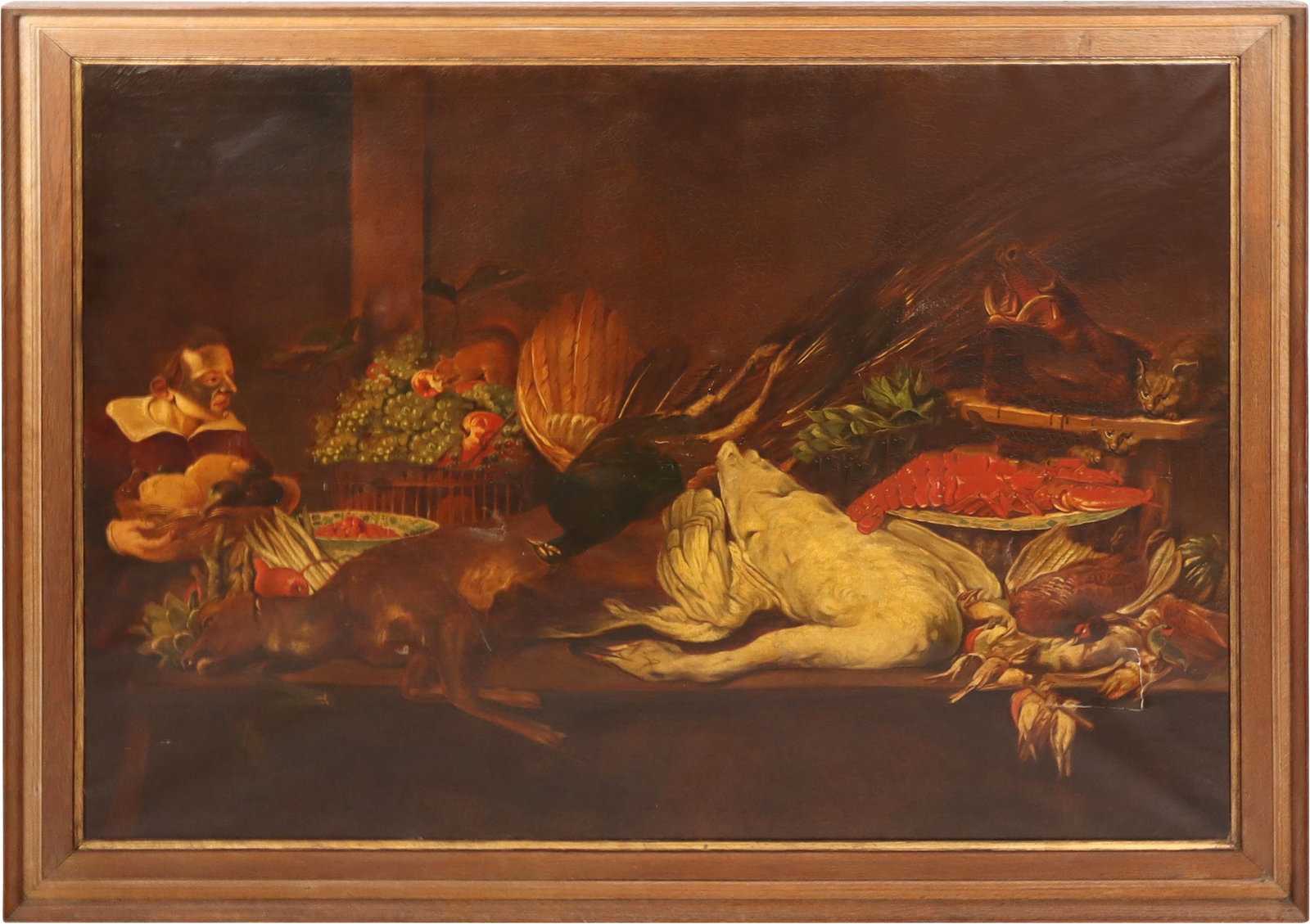 After Frans Snijders Still Life with Swan O/C: After France Snijders (Belgium, 1579-1657) "Still Life with Swan", oil on canvas painting depicting a figural still life with an arrangement of game animals, fish, and fruit on a long table, no appare