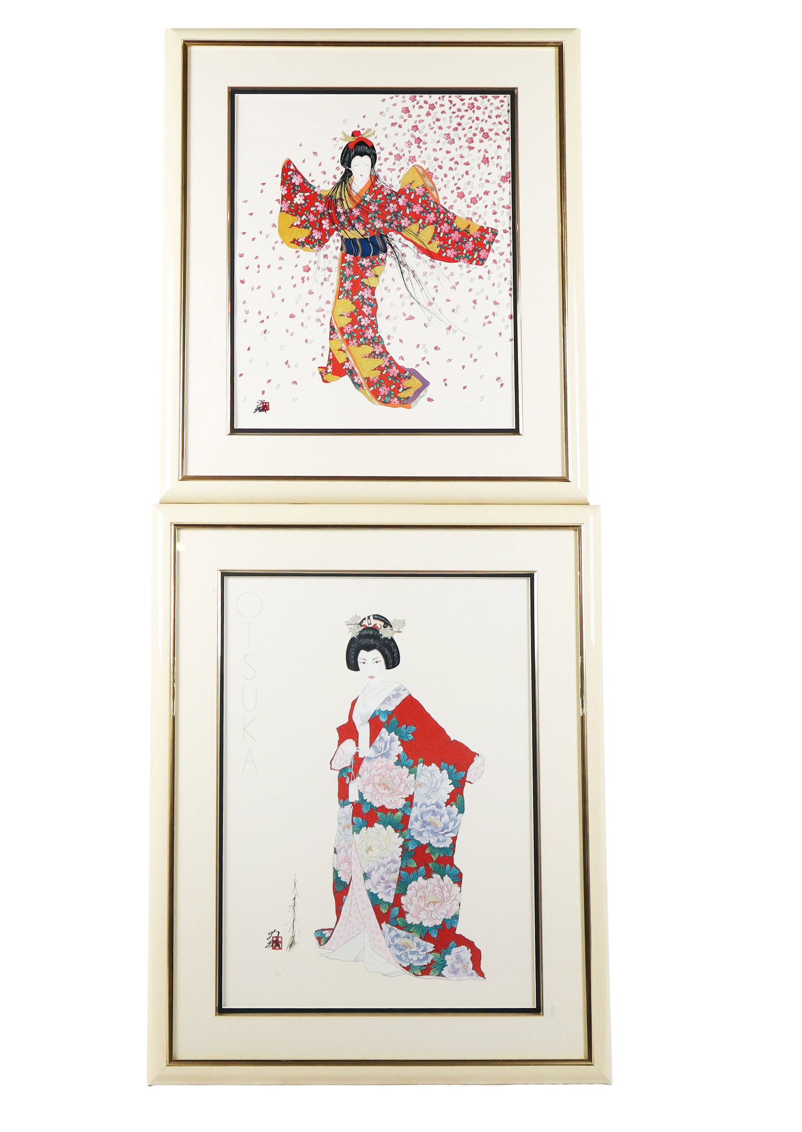Hisashi OTSUKA Pair of Ukiyo-e Style Lithographs: Hisashi Otsuka (Japanese, b. 1947) pair of Ukiyo-e style lithographs in color, including one print depicting an elegant woman surrounded by cherry blossoms titled "Lady of the Floating Blossoms (Bloss
