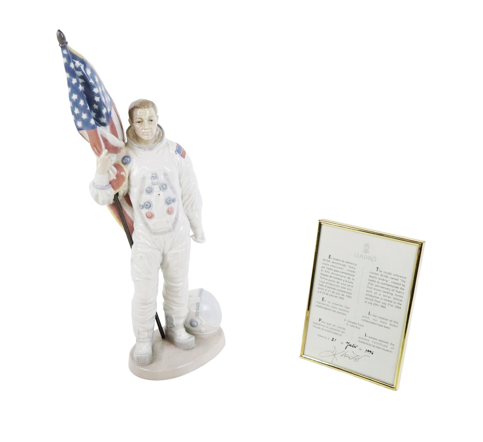 Lladro "One Giant Leap..." Porcelain: Lladro "One Giant Leap for Mankind" porcelain sculpture, Spain, 1994, depicting Neil Armstrong with the American Flag, model number 06168, titled and marked Lladro to base, and accompanied by a signed