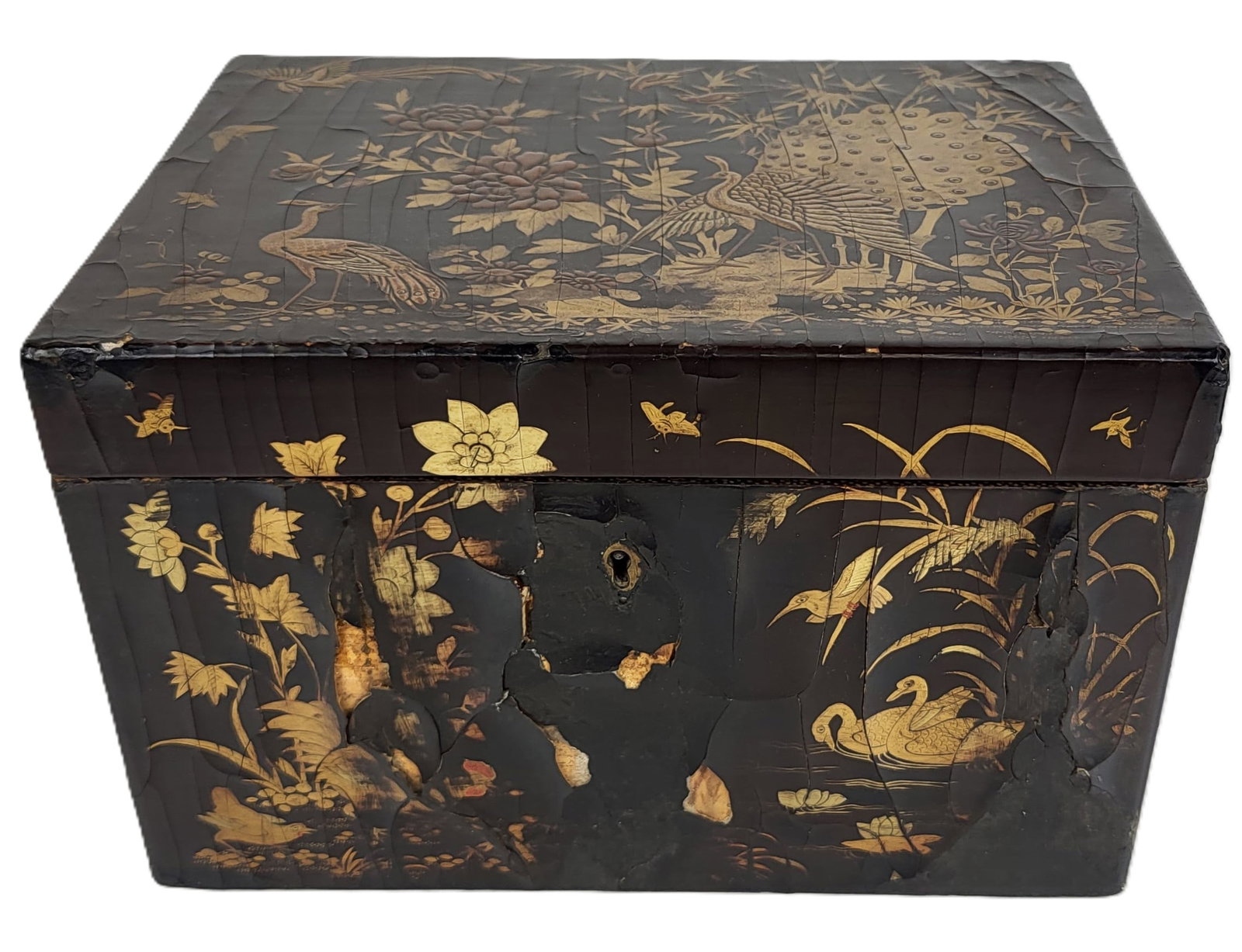 Japonisme Decorated Lacquer Tea Caddy: Japanisme decorated lacquer tea caddy, 19th century, with gilt decoration to outer at lacquer and a tin case to inner with an embossed lid. [6.25" H x 10" W x 7.25" D]. Condition is good to fair with 