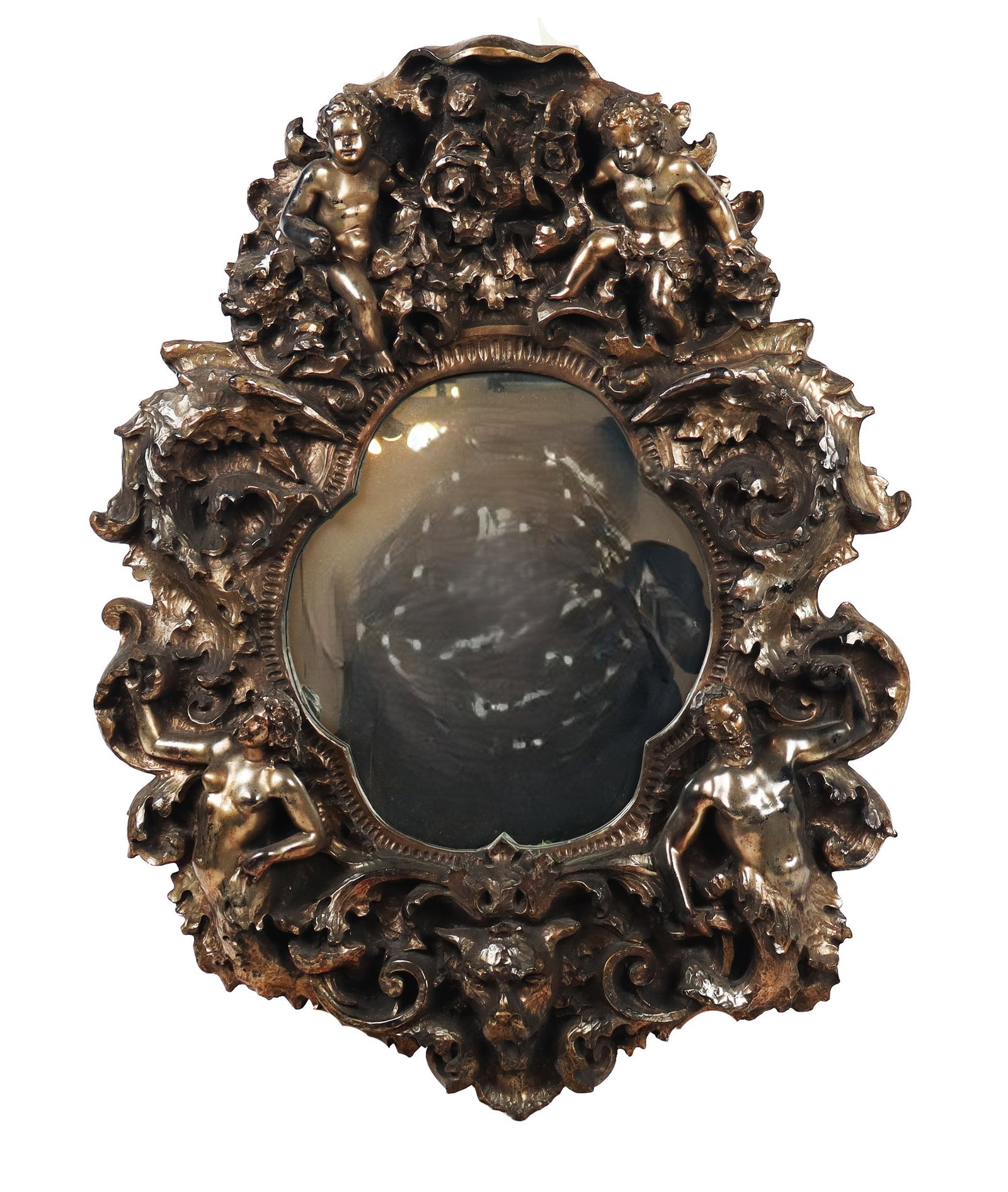 Finesse Originals Fiberglass Mirror with Cherubs: Finesse Originals fiberglass mirror, circa 1970s, with cherub decoration in deep relief, marked Finesse Originals to upper. [48" H x 36" W x 7" D]. Condition is good. From the esteemed collection of N