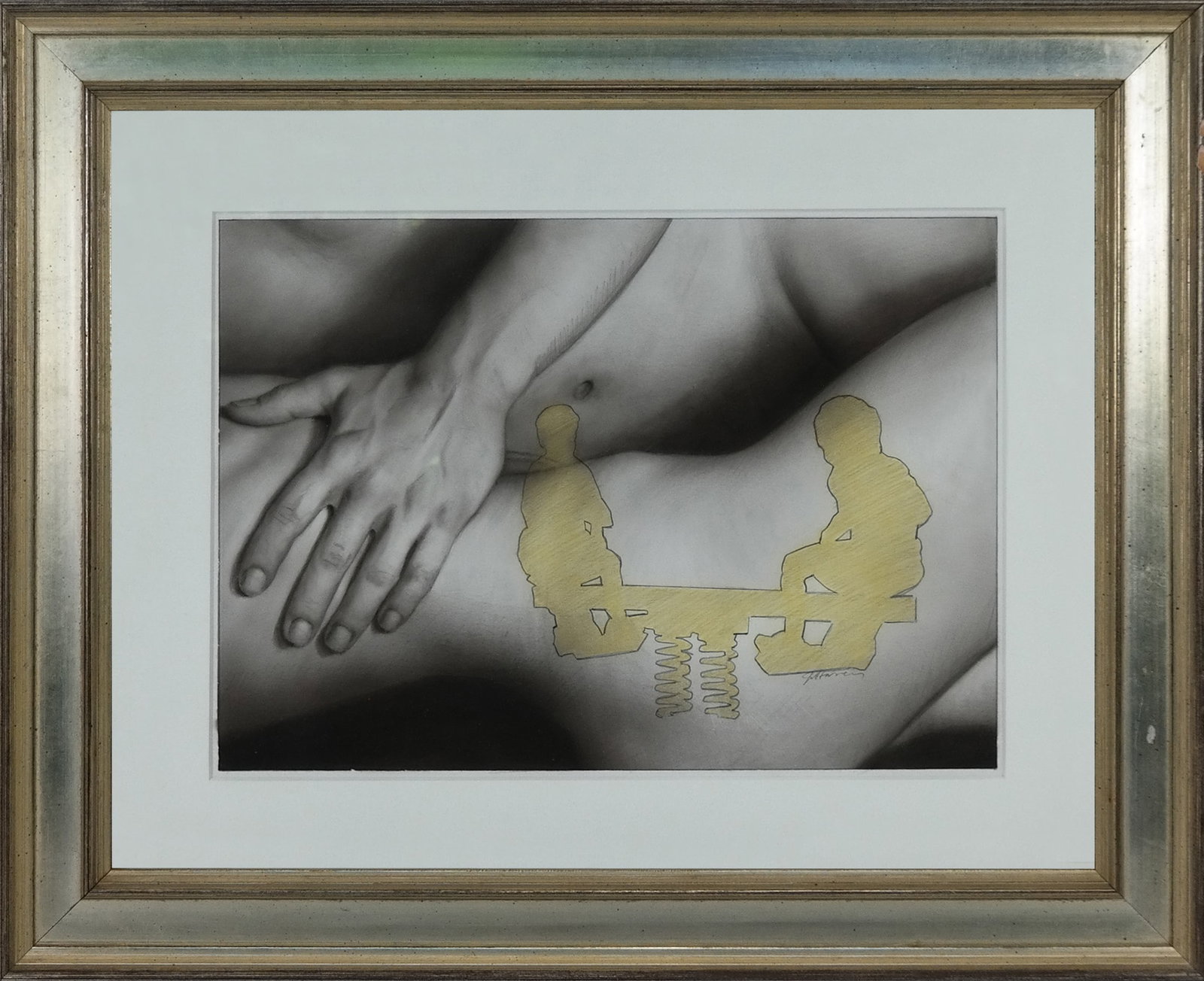 Judy HARVEY - Watercolor Drawing - See-Saw: Judy HARVEY. Children on see-saw embossed watercolor and pencil drawing of a couple. Signed lower right.[10" H x 14" W ; 18"H x 22" W]. Fine condition. LOCATED AT 150