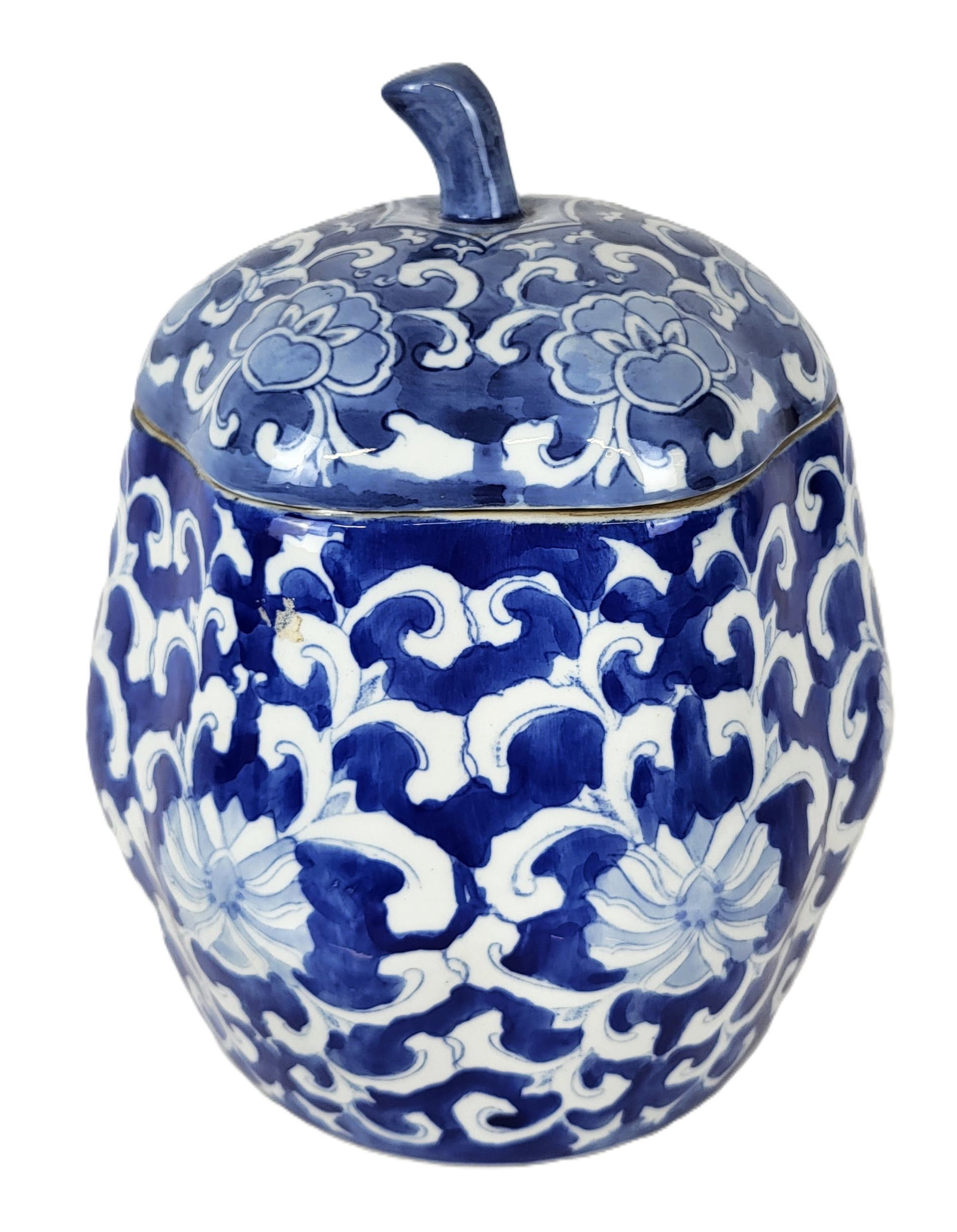 Chinese Blue and White Pumpkin Jar: Chinese blue and white decorated pumpkin jar, 21st century, with hand-applied decoration, and stamped mark to base. [10.5" H x 10" Diameter]. Condition is good.