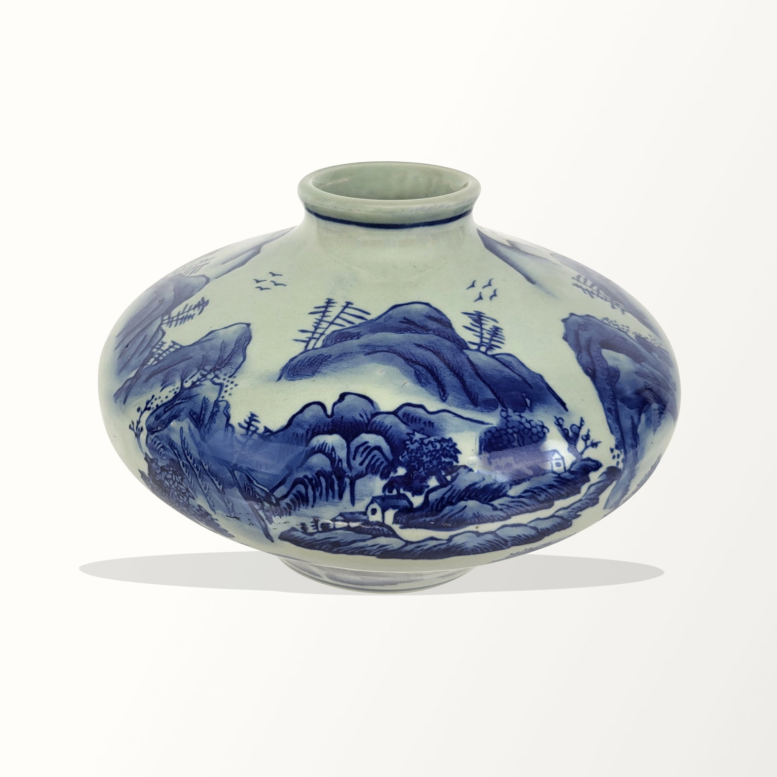 Chinese Qing Dynasty Blue and White Decorated Vase: Chinese Qing Dynasty blue and white decorated vase, 19th century, with hand-applied landscape and architectural details, and with apocryphal Qianlong marks to base. [7" H x 9.5" Diameter]. Condition i
