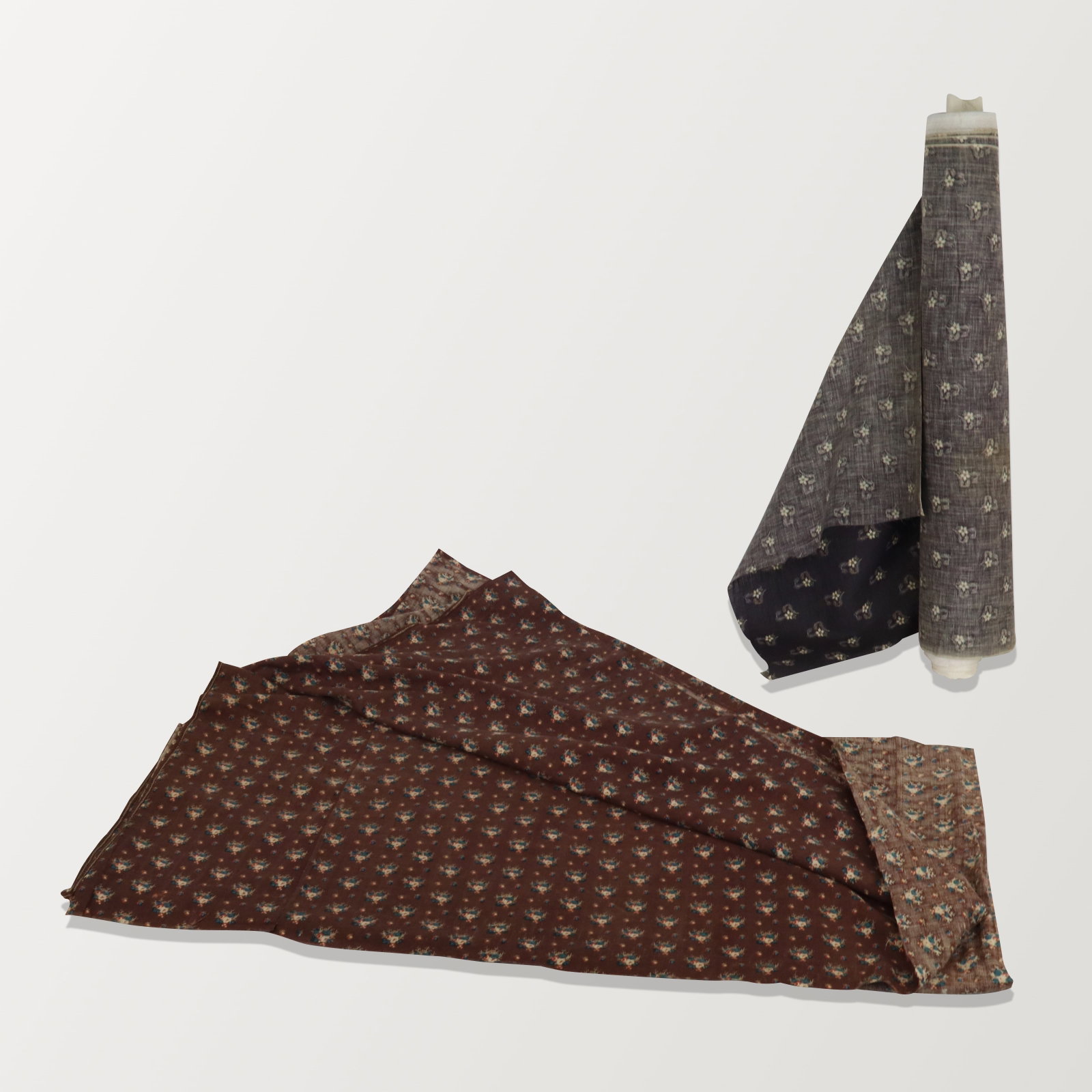 Early 19th C. Chintz Cotton with Flowers Yardage: Quantity of early 19th-century chintz, the first (a) with small-patterned floral print on a brown ground, England, ca. 1830-60. Two and a half panels total. The second (b) with small-patterned print o
