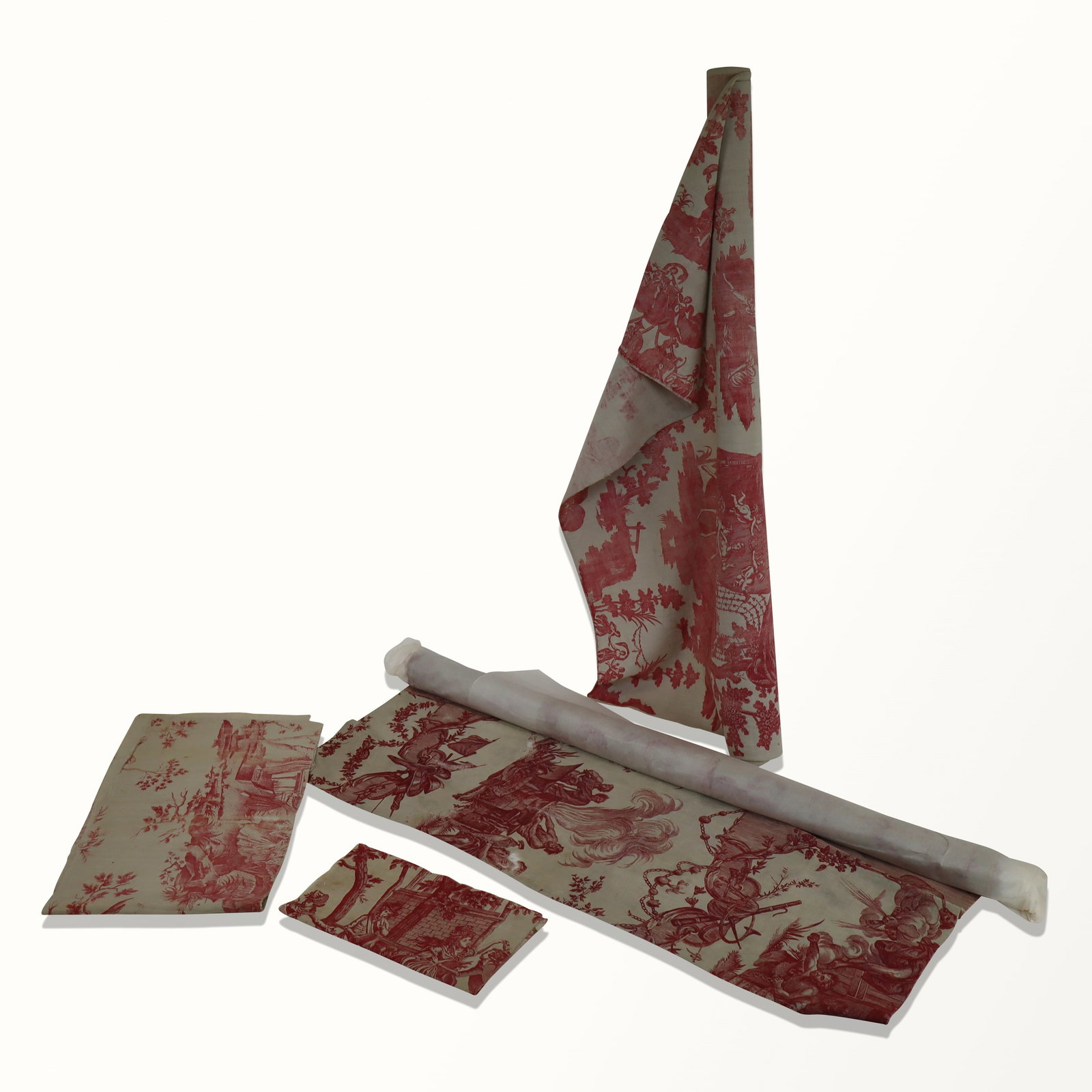 18 C. French Red Toile de Nantes Cotton: "Psyche et l'Amour" copperplate-printed toile de Nantes produced by Petitpierre et Cie, Nantes, France, ca. 1790, printed in red on white cotton, [83 x 35 3/4 in.]. Together with two fragments of "La 