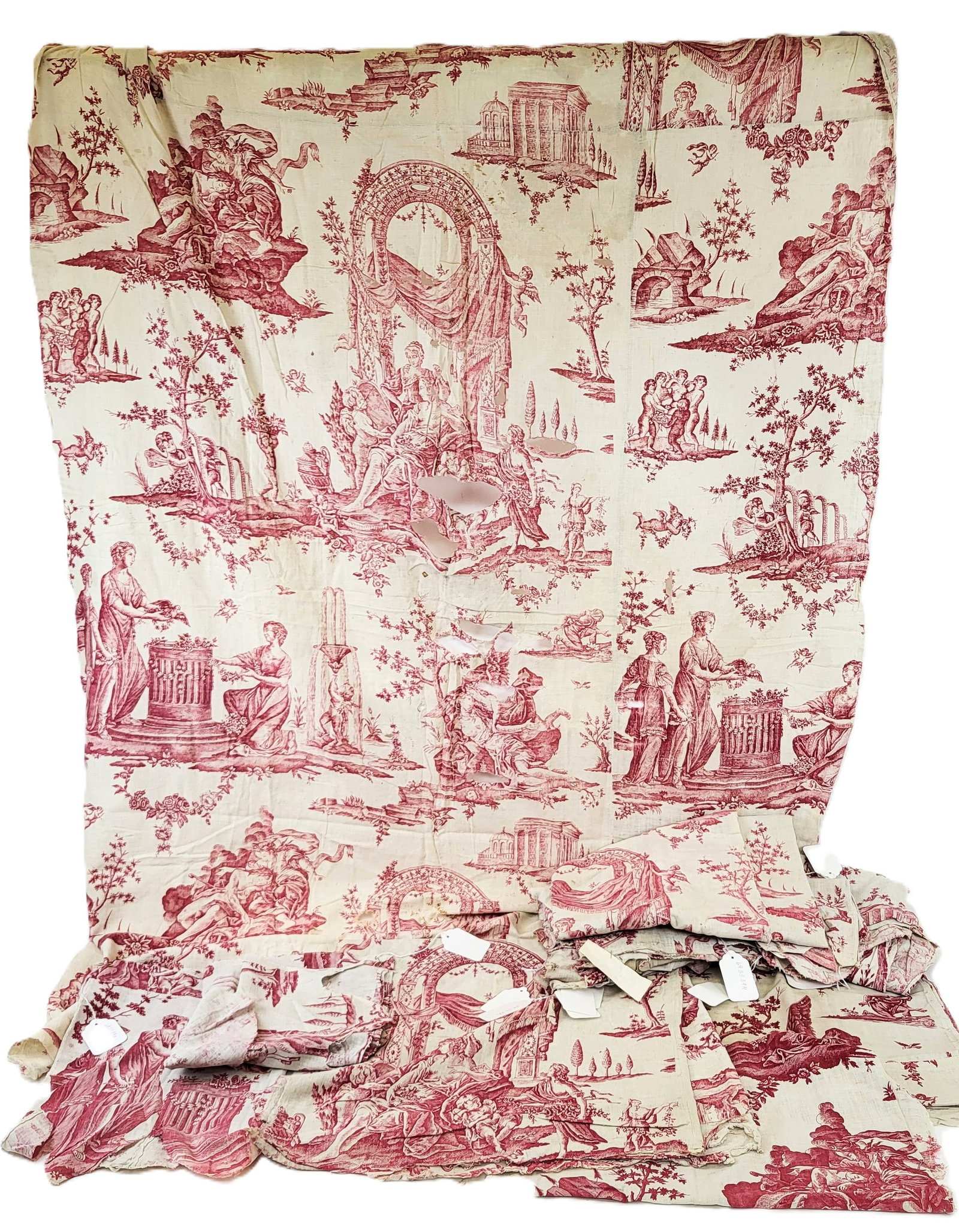 Quantity of 18 C French Toile Yardage From Bed Set: "Venus a sa toilette" copperplate-printed toile de Nantes cotton, by Petitpierre, Nantes, France, ca. 1775, printed in red on white cotton. 19 pieces total, measuring: a: 46 x 54 in.; b: 72 x 35 in.; 