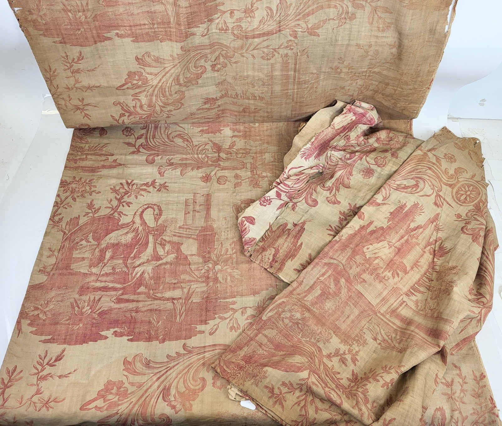 18th C. French Toile de Jouy on Cotton: "The Fox and the Crane" copperplate-printed toile, from Les Fables de la Fontaine, after a design by Jean-Baptiste Oudry, Jouy, France, ca. 1780, printed in red on white cotton. Three lengths, measuri