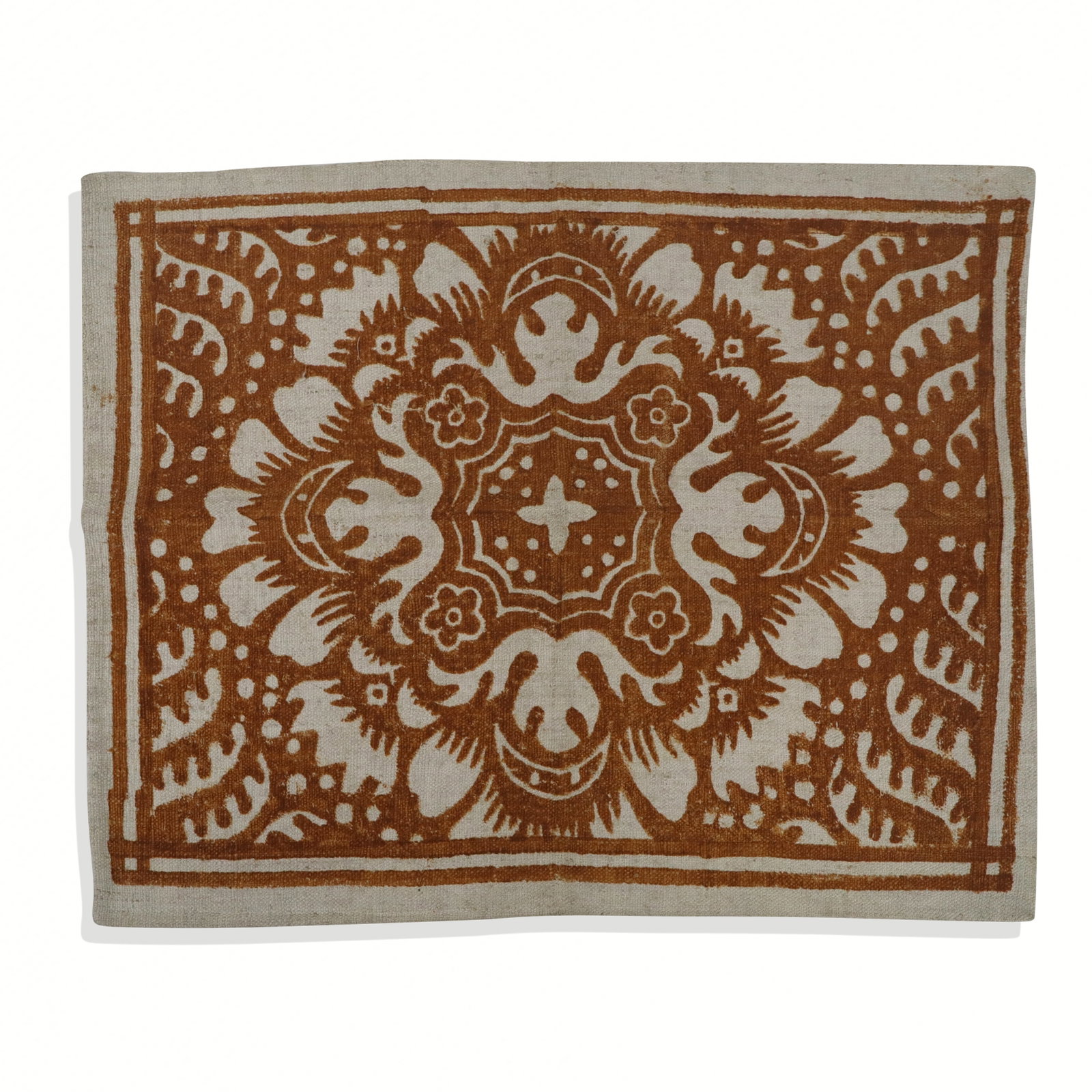Balkan or Russian Folk Printed Linen Pillow Cover: Pillow cover printed in rust ink on natural linen, Russia or the Balkans, 19th century, [14 3/4 x 17 1/2 in.]. Property sold on behalf of the Brooklyn Museum.