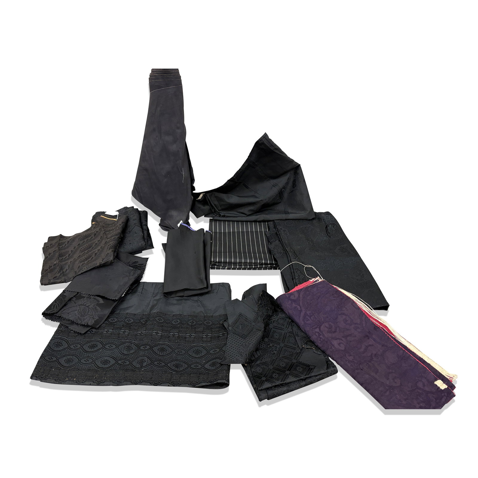 Black Silk Fabrics and Fragments: Fabrics and fragments; mostly American, 19th and 20th century; brocade and damask, including one 16th century. Aged and worn, fraying. Property sold on behalf of the Brooklyn Museum.