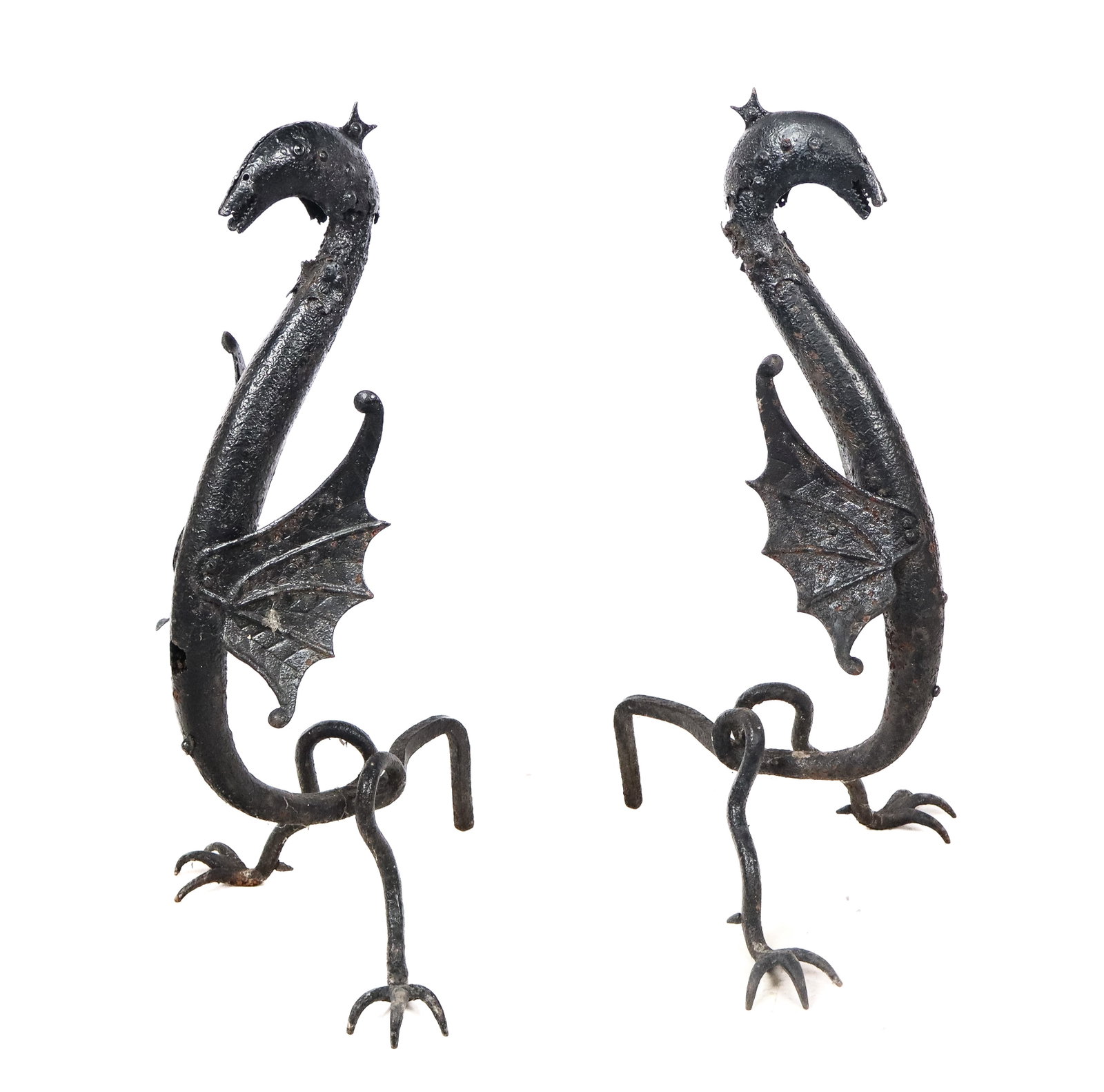 Pair Arts & Crafts Figural Andirons / Fire Dogs: Pair of Arts and Crafts figural andirons in the Gothic style, modeled as winged dragon figures with clawed front feet and slightly tiltable heads [34" H x 18" W x 16" D]. Rescued from Eleanor Roosevel