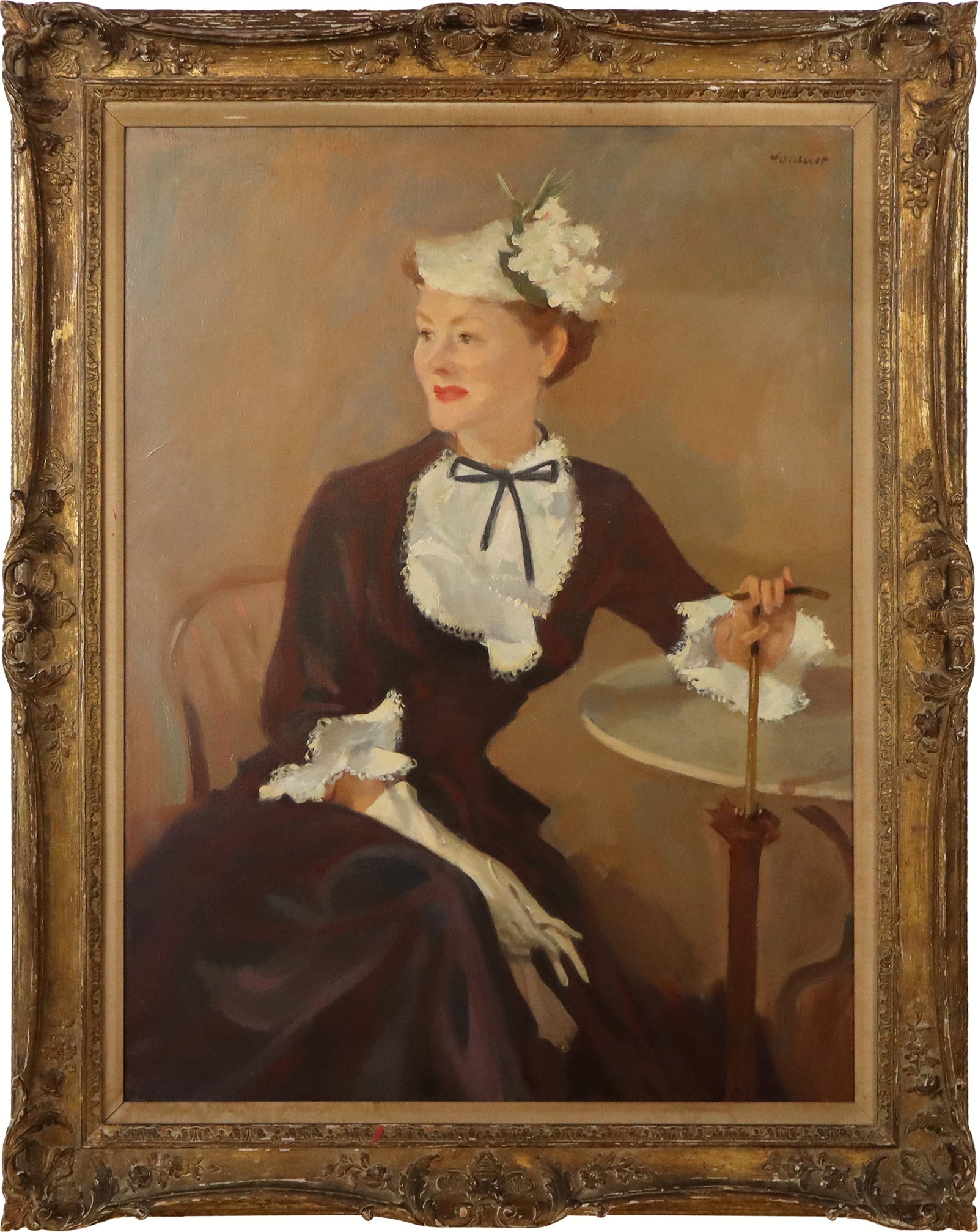 Impressionist Oil on Canvas Portrait: Impressionist oil on canvas portrait, France, 20th century, signed to upper right, in a frame. [Framed: 49" H x 38" W]. Condition to work is good, frame with minor wear.