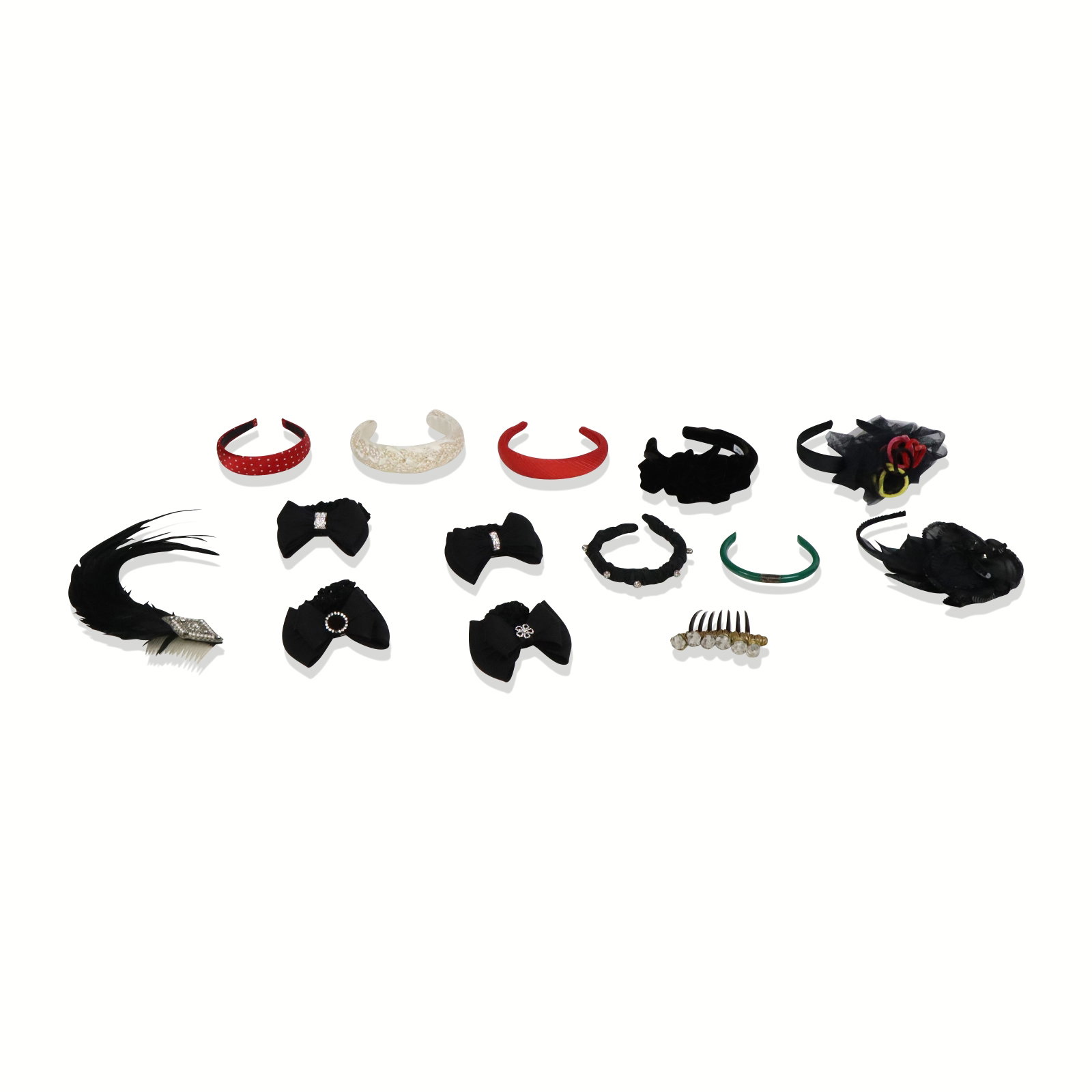 Group of Assorted Headbands and Accessories, 14: Group of accessories comprising seven headbands, a plastic choker, two combs, and four bows. Condition report requests are not available for this lot.