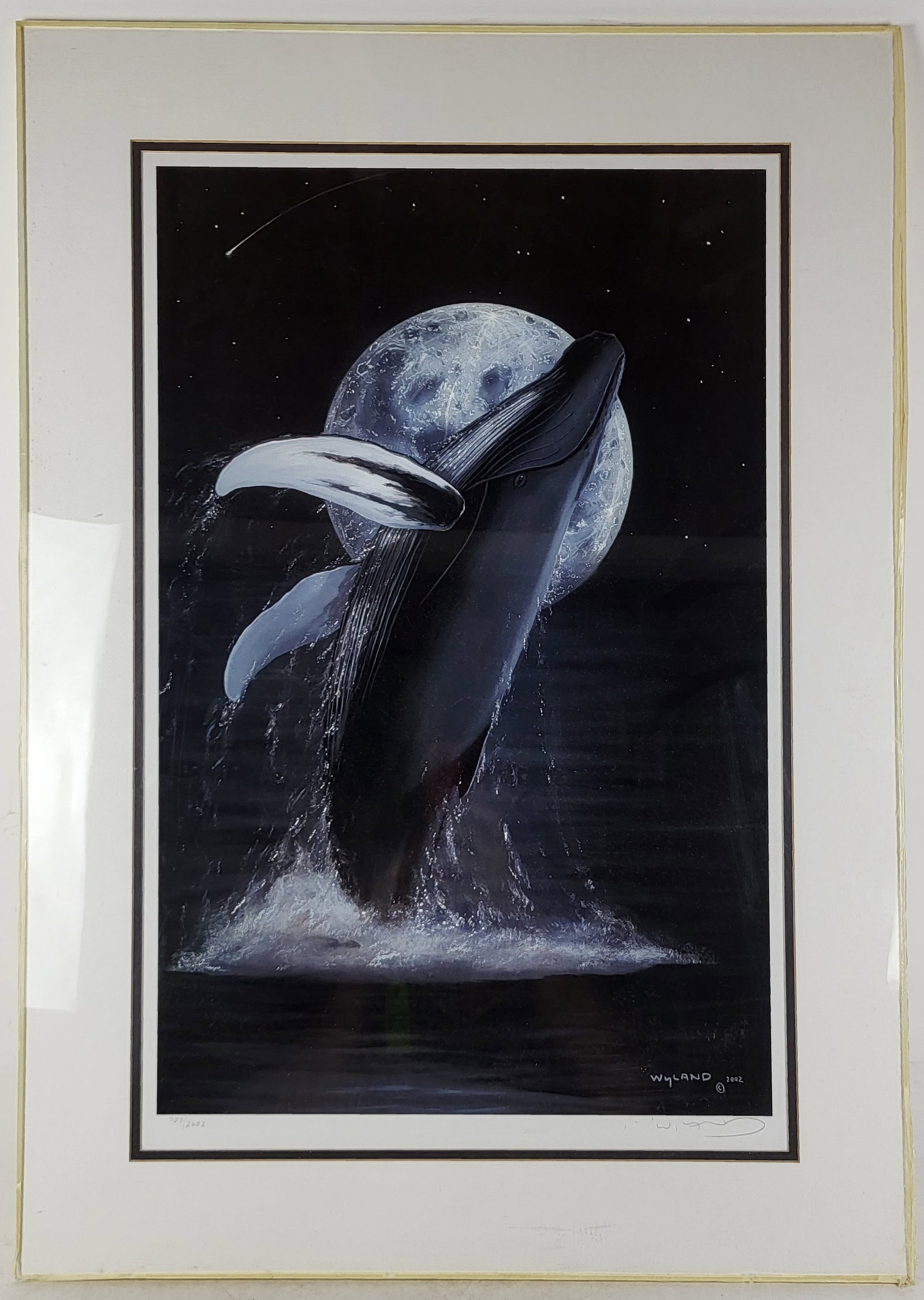 WYLAND "Lunar Celebration" Print on Archival Paper: Robert Wyland (American, b. 1956) print on archival paper titled "Lunar Celebration" depicting a breeching whale under a full moon night sky, signed and dated within-the-print "Wyland Copyright 2002,"