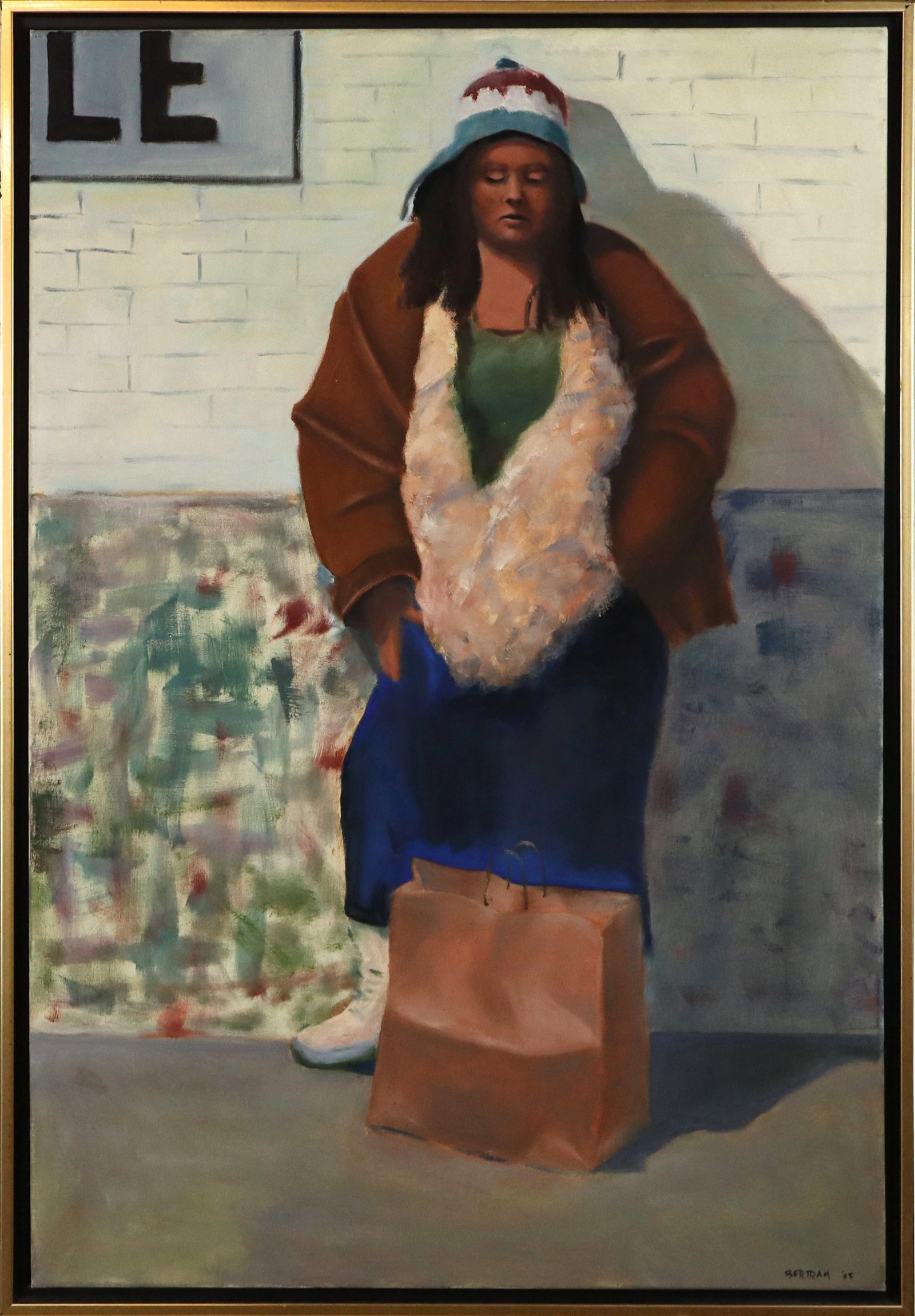 Signed Bertram "Columbus Circle" Oil on Canvas: "Columbus Circle" figural oil on canvas, 2005, signed Bertram to lower right with date. [36"H x 23" W; Framed [38" H x 26'W] . Condition is good.