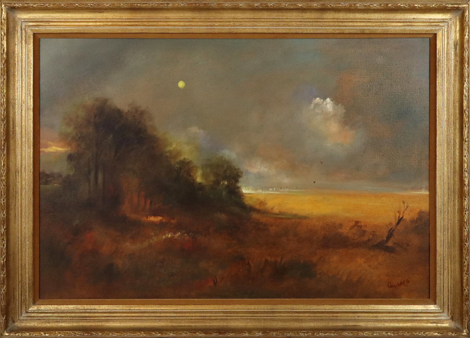 Moonlit Pastoral Landscape, Oil on Canvas: Moonlit pastoral oil on canvas landscape, 20th century, signed illegibly to lower right, in a gilt frame. [Framed; 30" H x 42" W]. Condition is good.