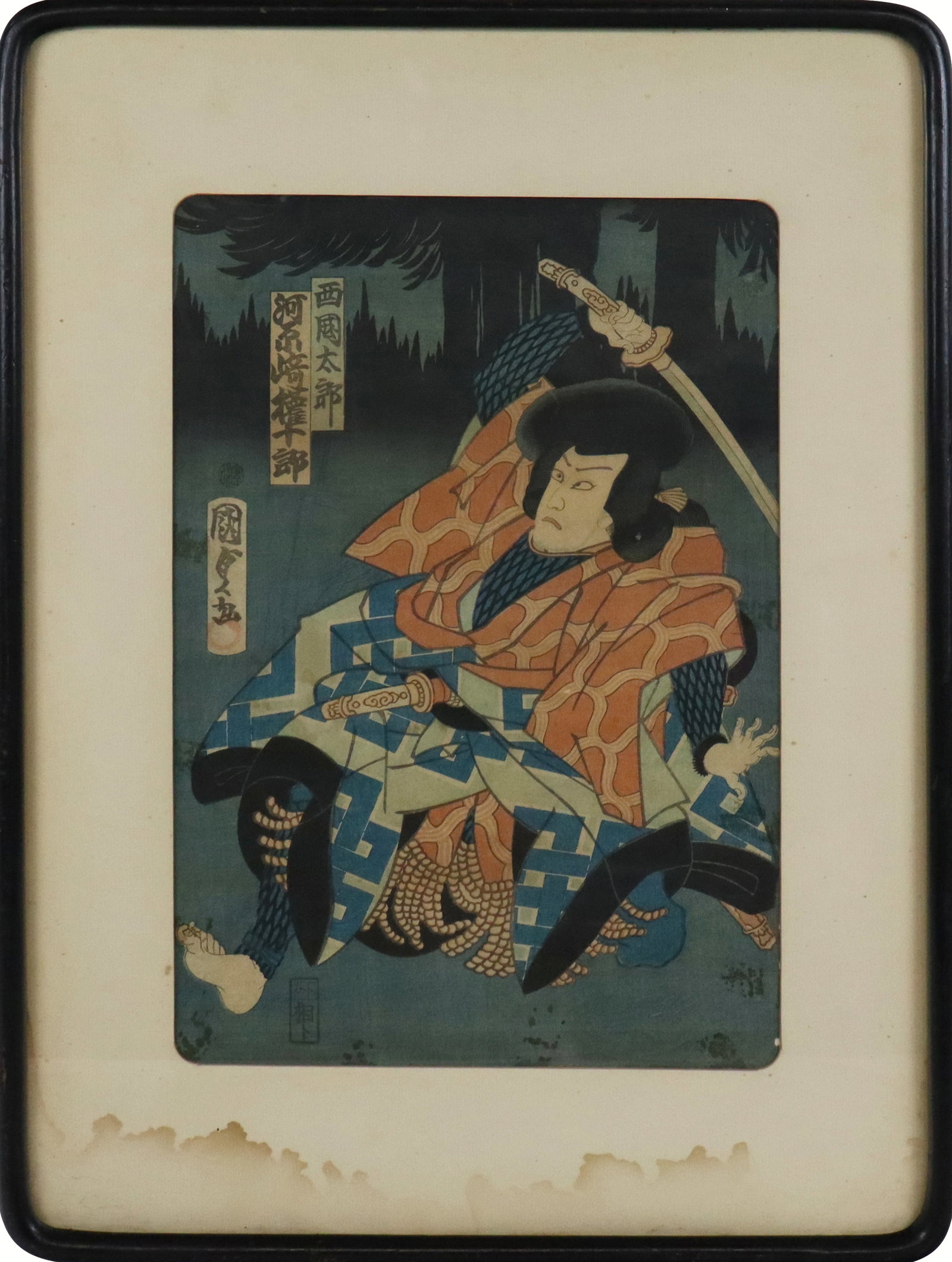 Japanese Woodblock Print in a Frame: Japanese woodblock print in a frame, early 20th century, in the ukiyo-e style. [Framed: 20.5" H x 13.5" W]. Condition is fair, print with wear, matte with apparent water damage to lower.