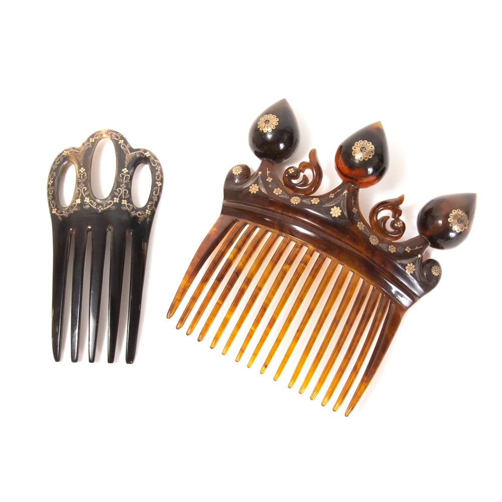 2 Antique Foliate Pique Decorated Hair Combs (1 of 18)
