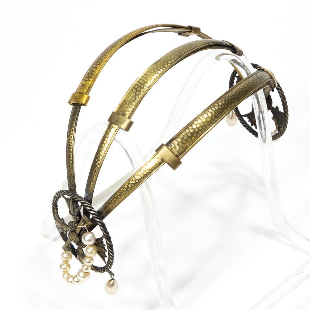 Art Deco Hammered Brass & Faux Pearl Headdress (1 of 12)