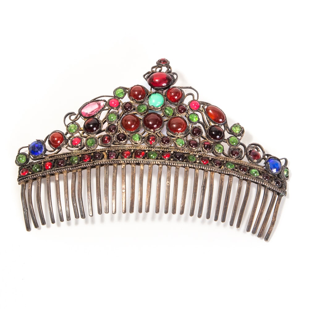 Antique Silver & Faux Jewel Hair Comb: Antique silver and faux jewel hair comb, possibly German, late 19th century, tests for silver, bearing several illegible hallmarks. [3.25" H x 5" W]. Tarnished, two stones deficient, some maybe replac