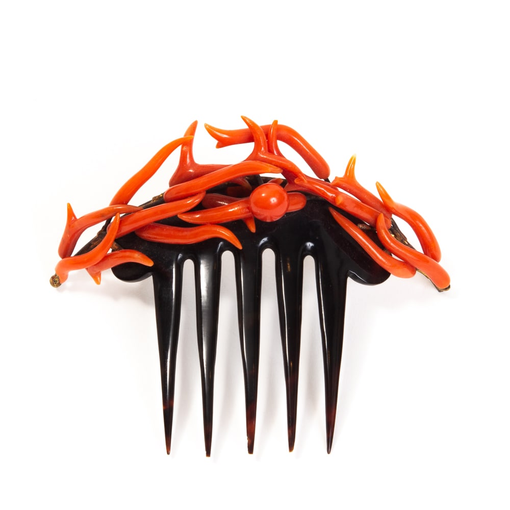 Victorian Branch Coral Hair Comb: Victorian branch coral hair comb, probably English, 1880. [3.5" H x 4" W]. Metal with some solder marks and discoloration, otherwise good condition.