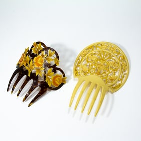 Two Antique Pierced Floral Decorated Hair Combs