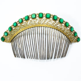 Early Victorian Gilt Metal & Green Stone Hair Comb