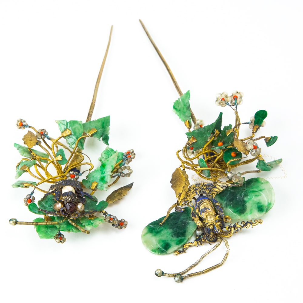Three Chinese Gilt Metal & Carved Stone Hairpins: Three Chinese gilt metal and carved stone hairpins, 20th century, including a companion pair of intricate wirework and carved stone botanical picks with butterflies and beaded accents; together with a