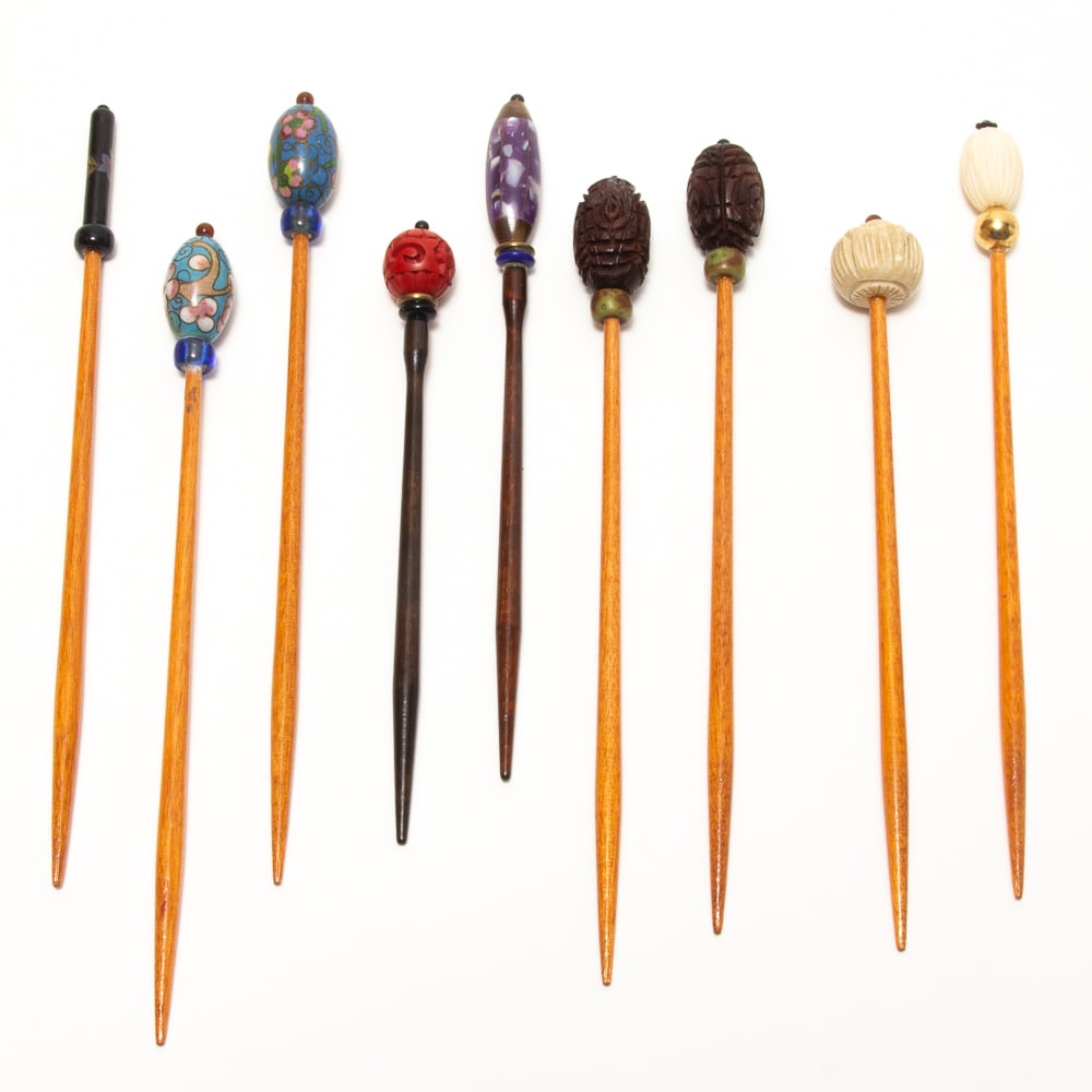 Collection of 9 Decorated Wood Hairpins / Sticks (1 of 19)