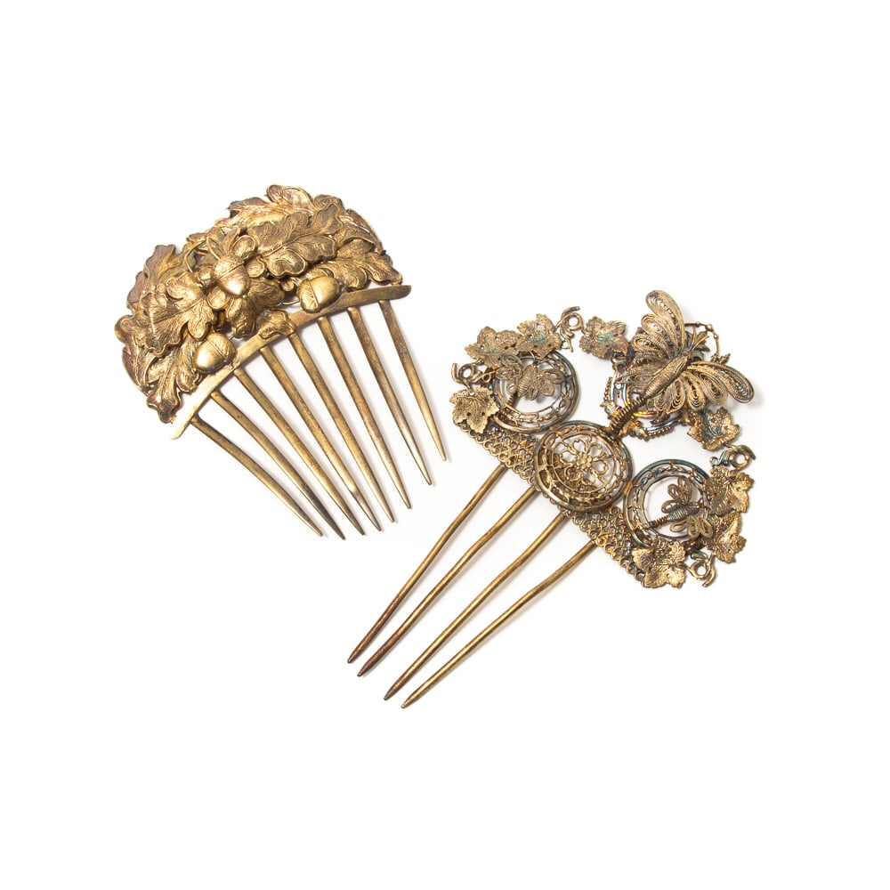 Two Art Nouveau Brass Nature Design Hair Combs (1 of 19)