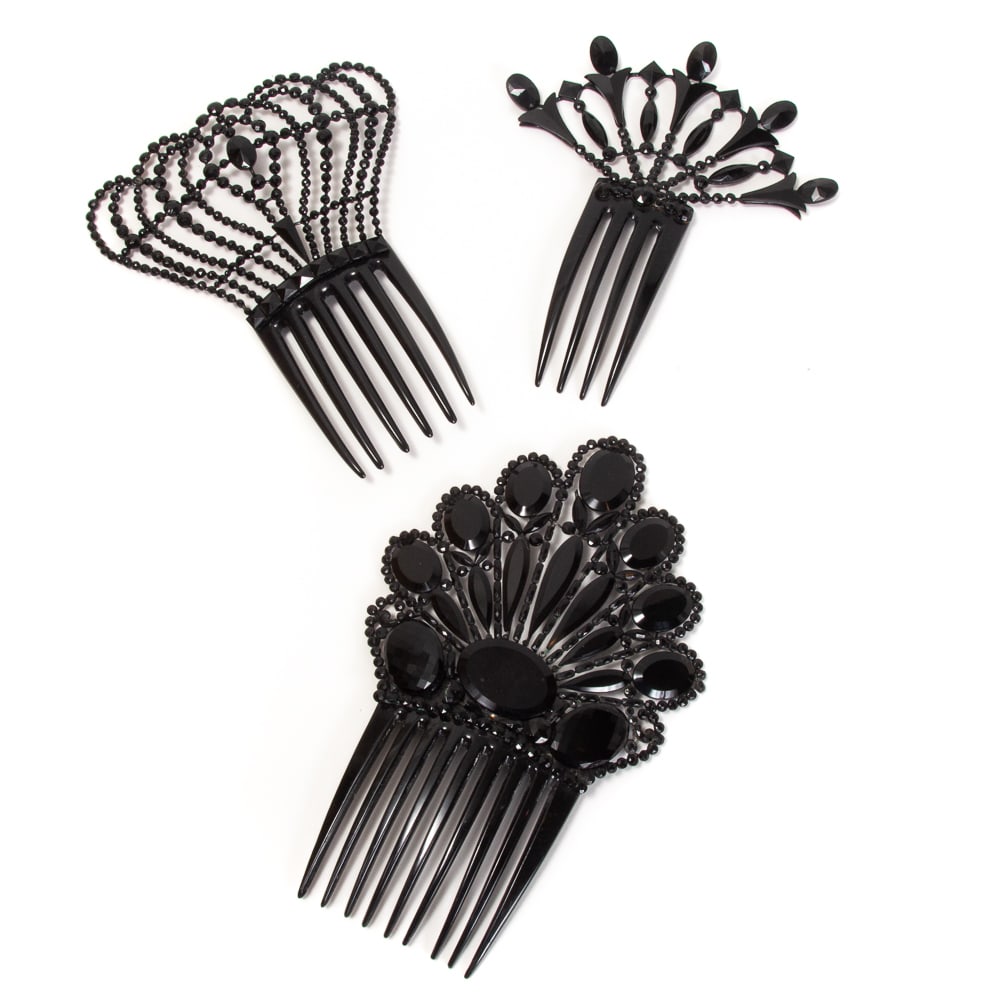 Three Victorian French Jet Mourning Hair Combs (1 of 20)