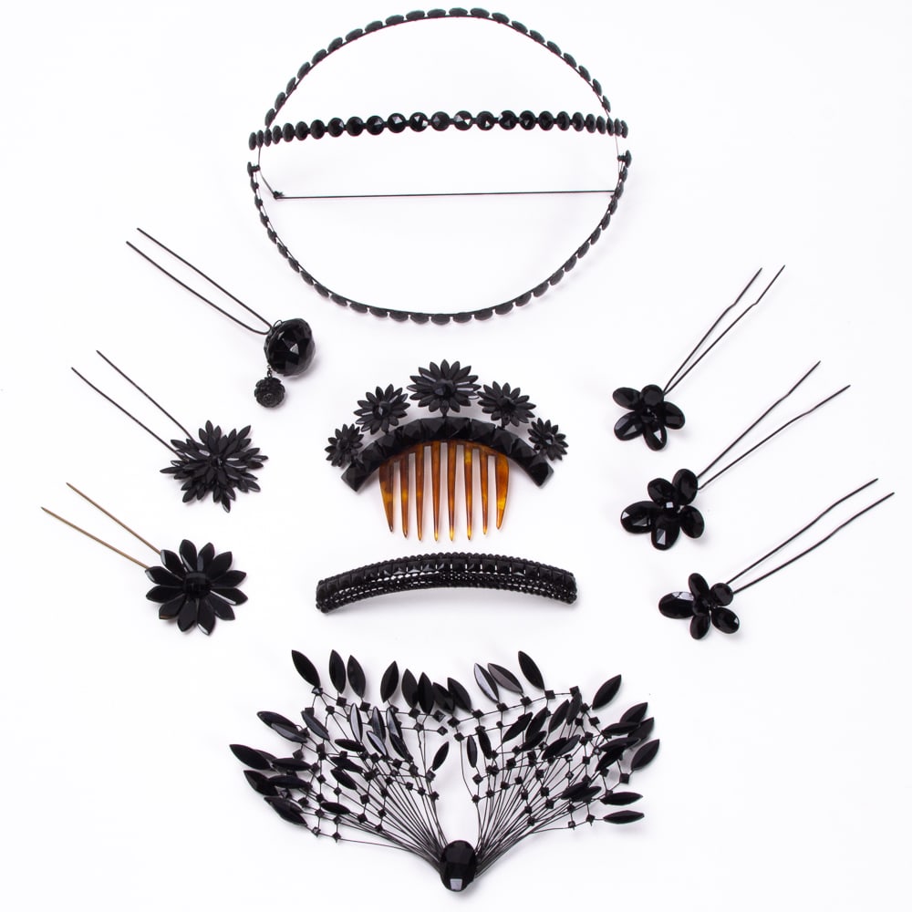 Group of 10 Antique Jet & Other Hair Accessories: Group of 10 antique French jet and other hair accessories, late 19th-early 20th century, including an Art Deco headpiece with three rows of jet beading on articulated metal bands, circa 1920s; a wirew