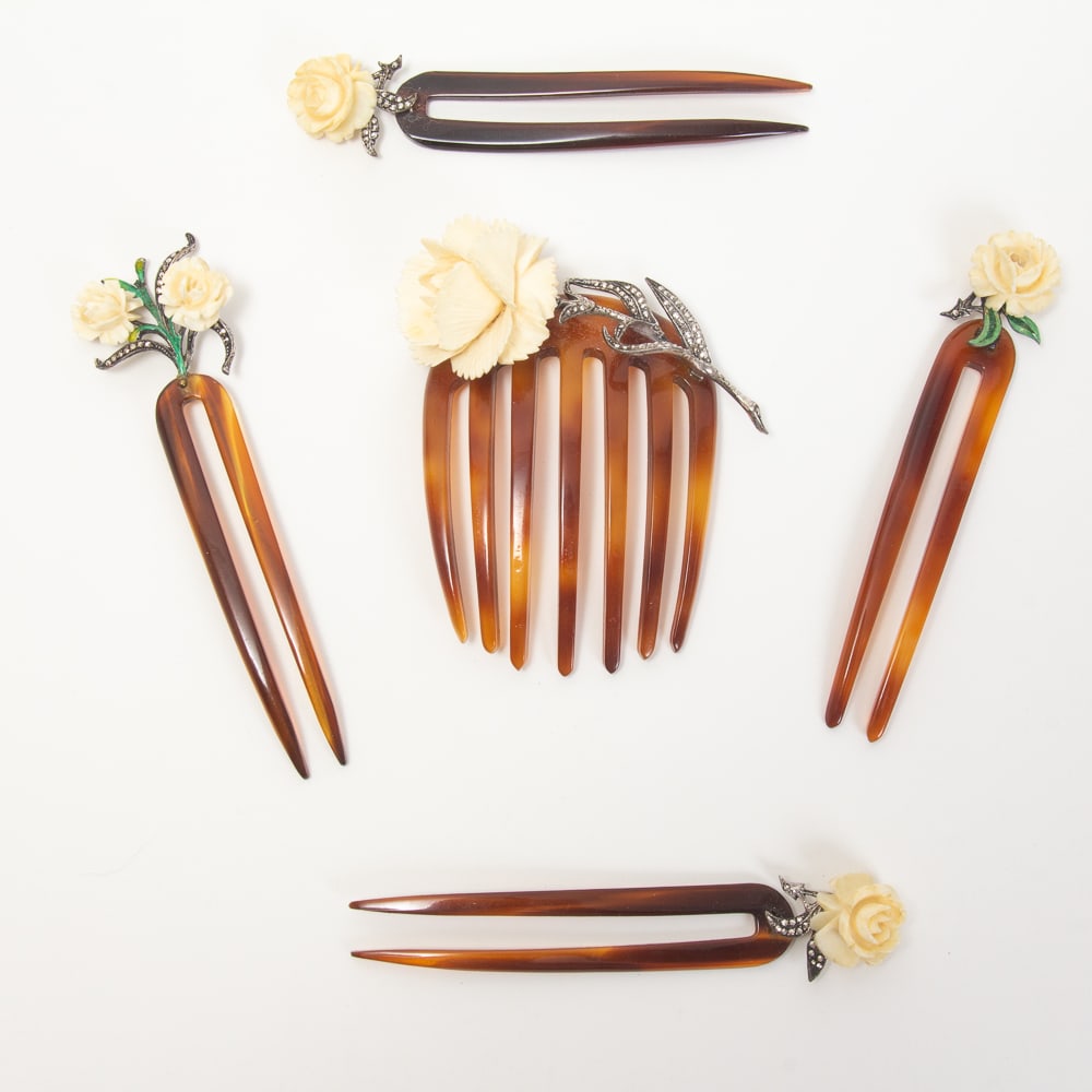 5 German Sterling Silver & Enamel Floral Hair Comb (1 of 20)