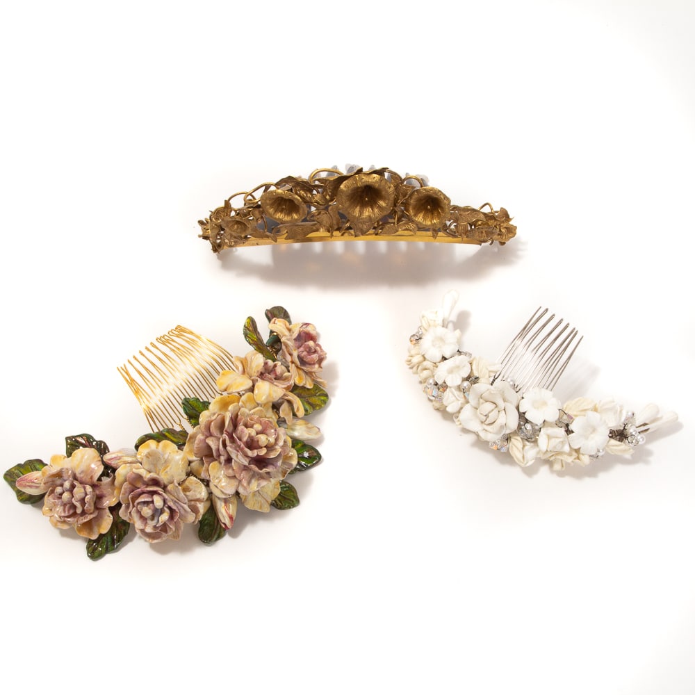 Group of 3 Elaborate Floral Crowns / Bridal Tiaras: Group of three elaborate floral crowns / bridal tiaras, 20th century, including a hand painted enameled crown of peonies on an intricate pierced metal work comb, an Art Nouveau crown of incised gilt m