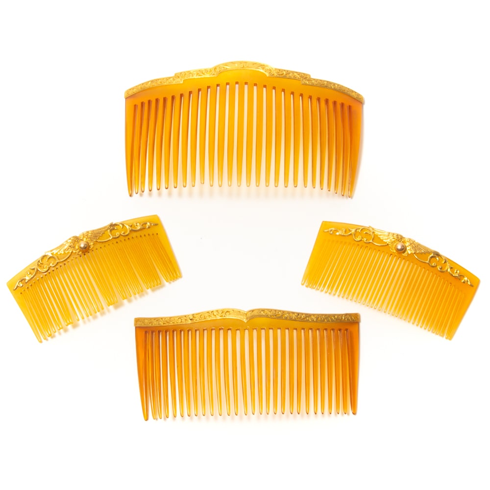 4 Antique Combs, 2 French Gold & 2 Gilt Metal: Group of four antique combs, late 19th-mid 20th century, including a companion pair of French 14 karat gold mounted combs, each with French makers marks to front (tests for 18k); together with a pair 